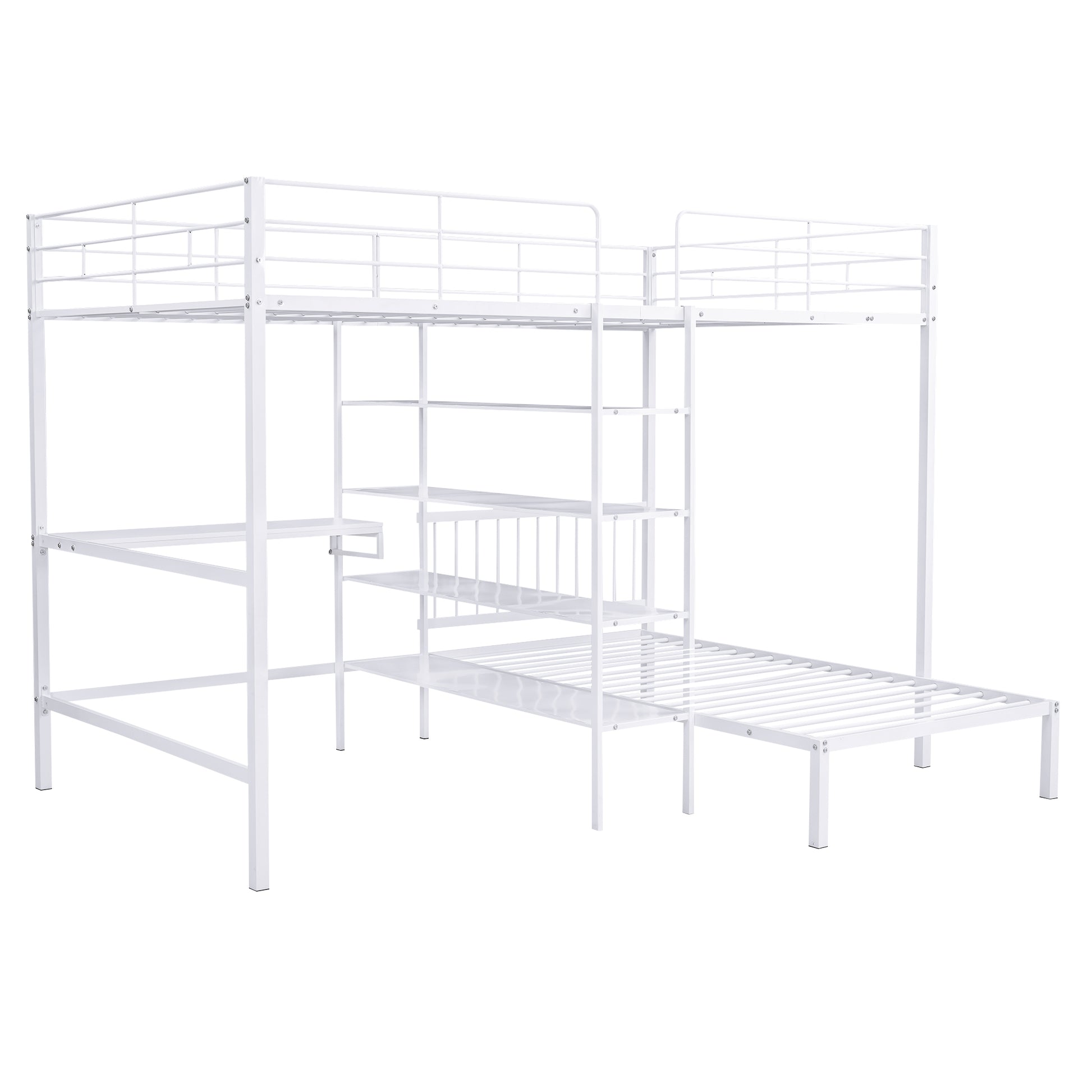 Full Over Twin Metal Bunk Bed With Built In Desk, Shelves And Ladder, White Full White Metal & Wood