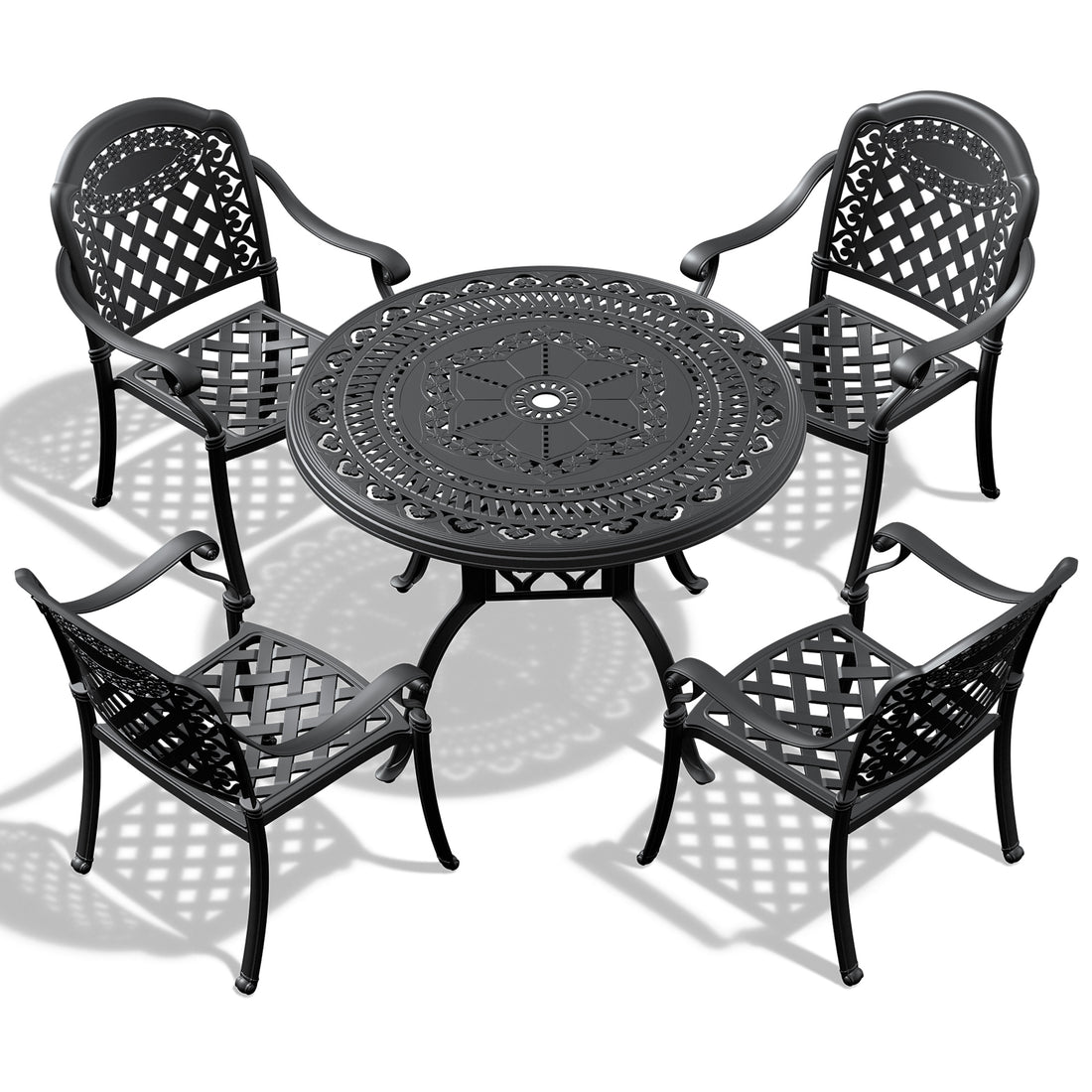 Cushions In Random Colors 5 Piece Set Of Cast Aluminum Patio Furniture With Cushions Yes Dining Set Black Seats 4 Rust Resistant Frame Water Resistant Cushion Garden & Outdoor Complete Patio Sets Aluminium