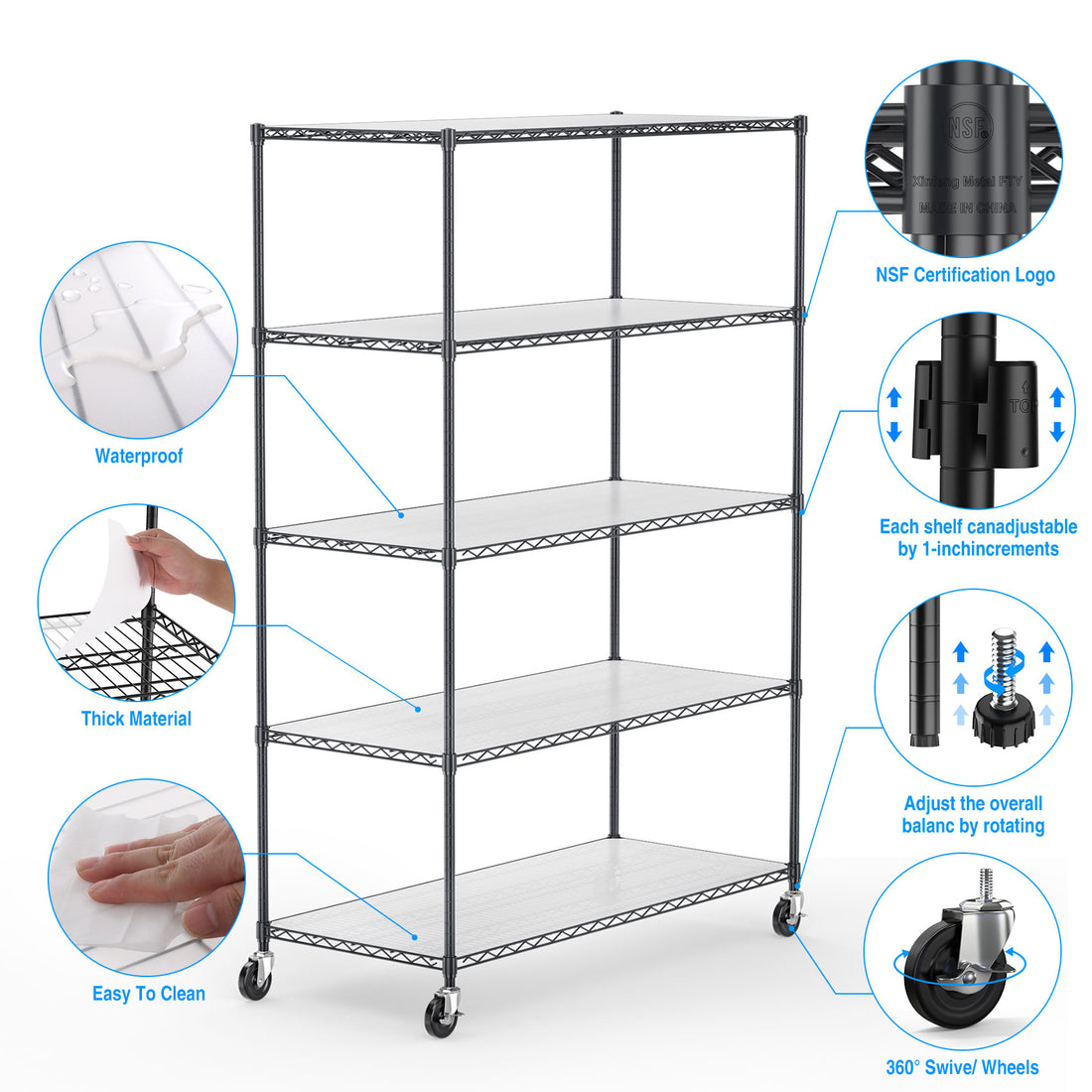 5 Tier 6000Lbs Heavy Duty Adjustable Storage Rack Metal Shelf Wire Shelving Unit With Wheels & Shelf Liners 82" H X 48" L X 24" D Black Black Iron Plastic