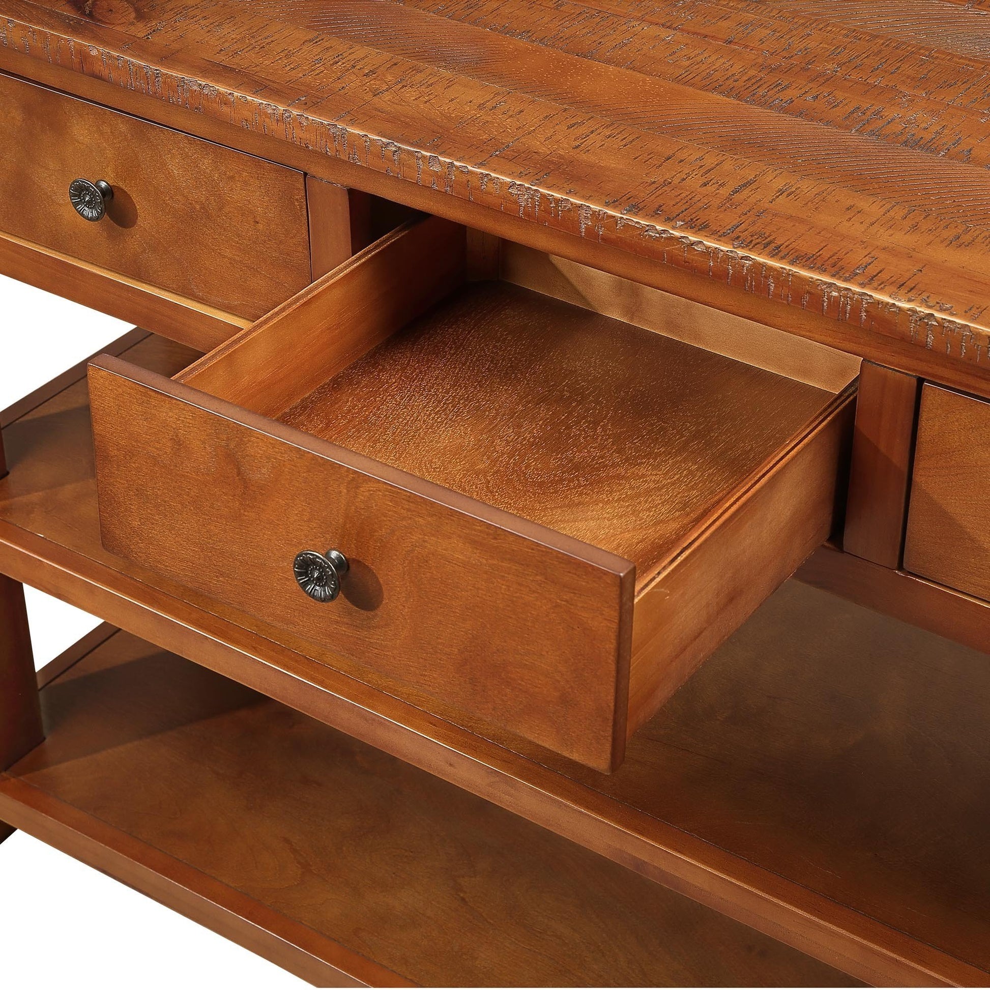 48'' Solid Pine Wood Top Console Table, Modern Entryway Sofa Side Table With 3 Storage Drawers And 2 Shelves. Easy To Assemble Brown Brown Pine