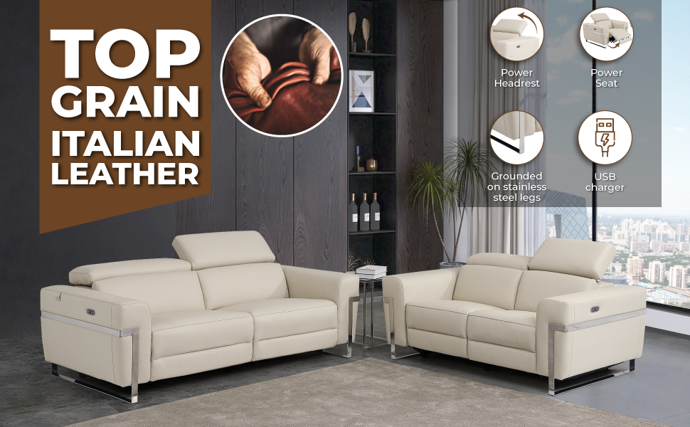 Top Grain Italian Leather Chair With Power Recliner White Foam Leather