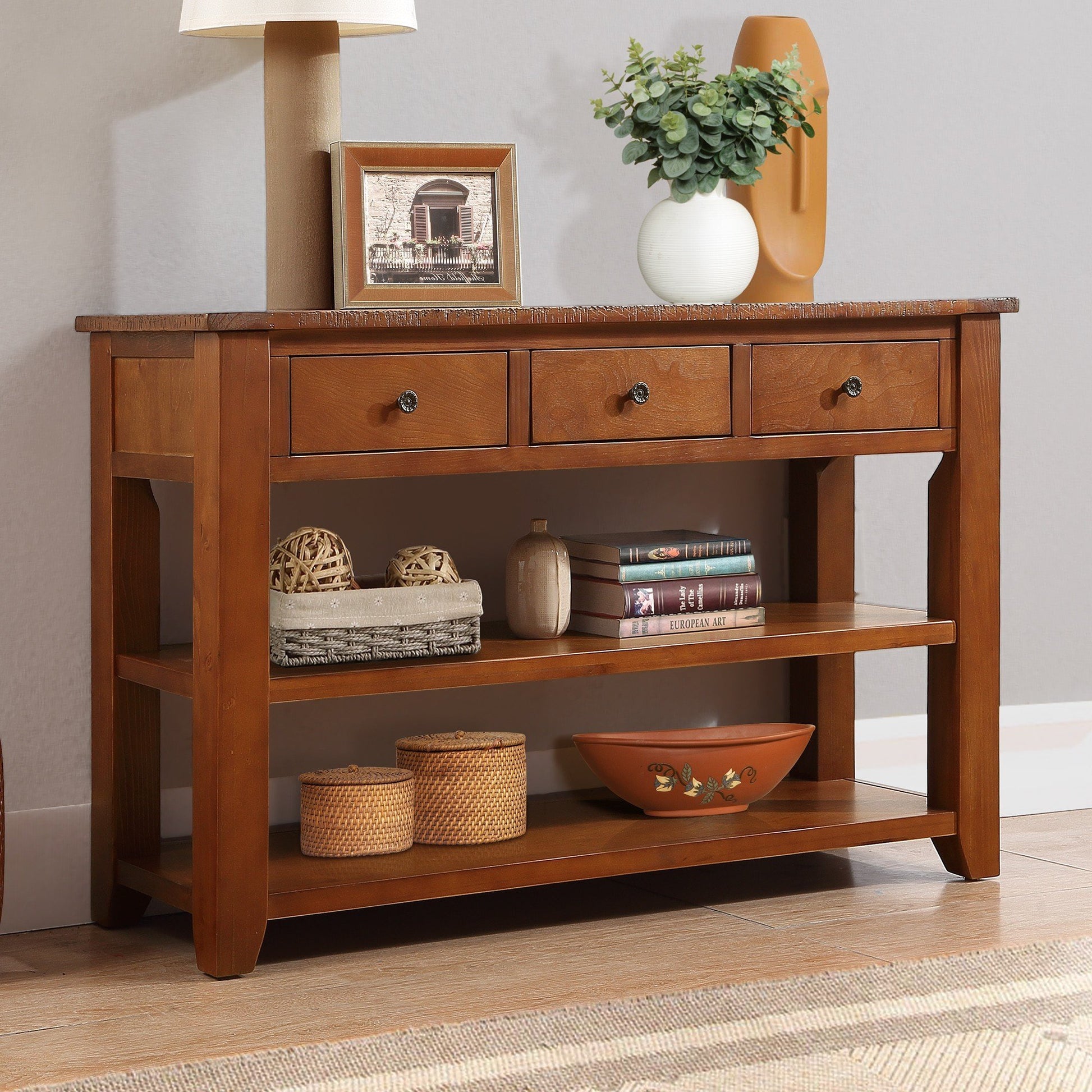 48'' Solid Pine Wood Top Console Table, Modern Entryway Sofa Side Table With 3 Storage Drawers And 2 Shelves. Easy To Assemble Brown Brown Pine