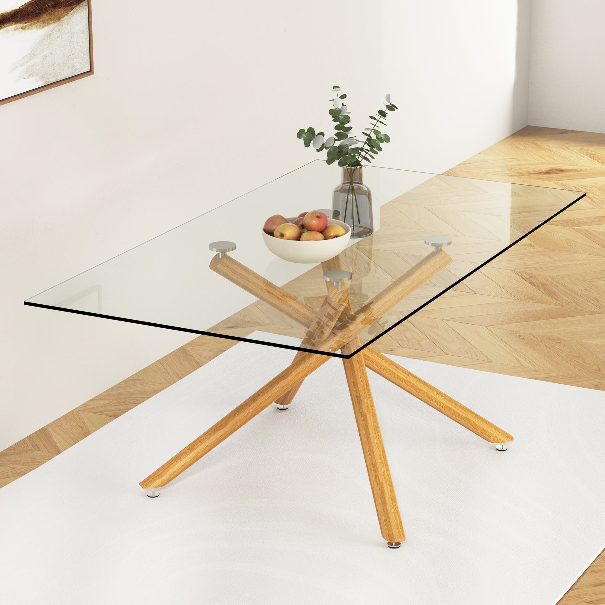Large Modern Minimalist Rectangular Glass Dining Table For 6 8 With 0.39" Tempered Glass Tabletop And Wood Color Metal Legs, For Kitchen Dining Living Meeting Room Banquet Hall Transparent Glass