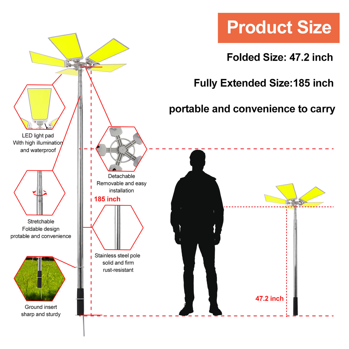15000Lm Led Telescopic Camping Lights Portable Outdoor Camping Light Telescoping Pole Fishing Light At Night Flood Light Super Bright Emergency Light Backyard Lighting Black Metal