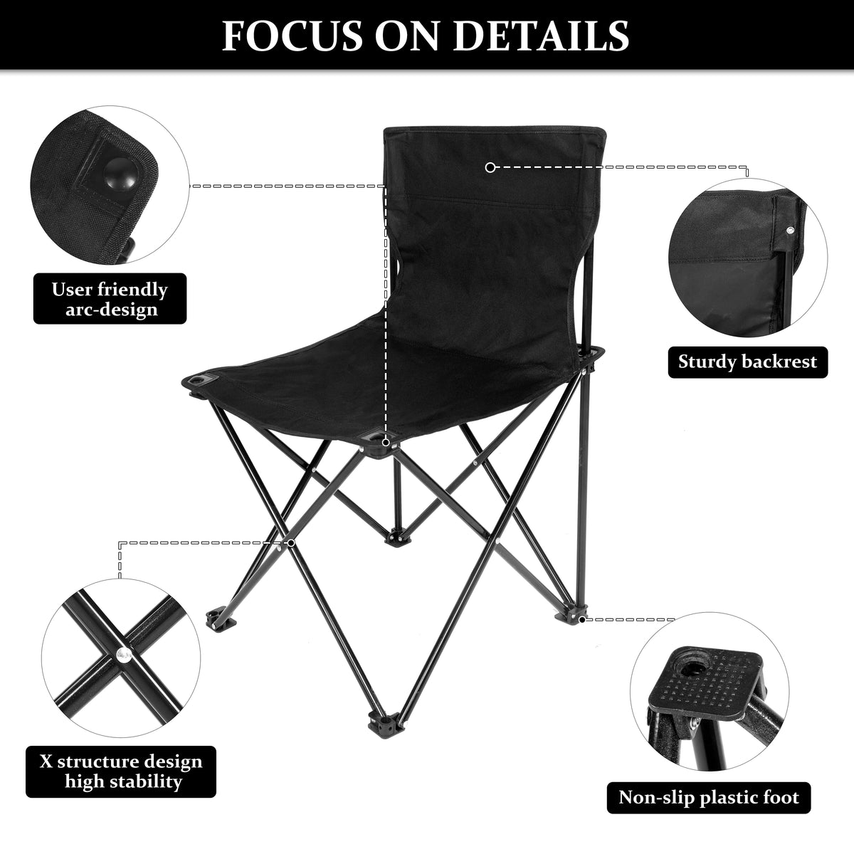 Yssoa Portable Folding Camping Chair With Carry Bag For Adults, Collapsible Anti Slip Padded Oxford Cloth Stool For Beach, Hiking, Fishing, Gardening, Picnic Color: Black, Size: Small Black Metal