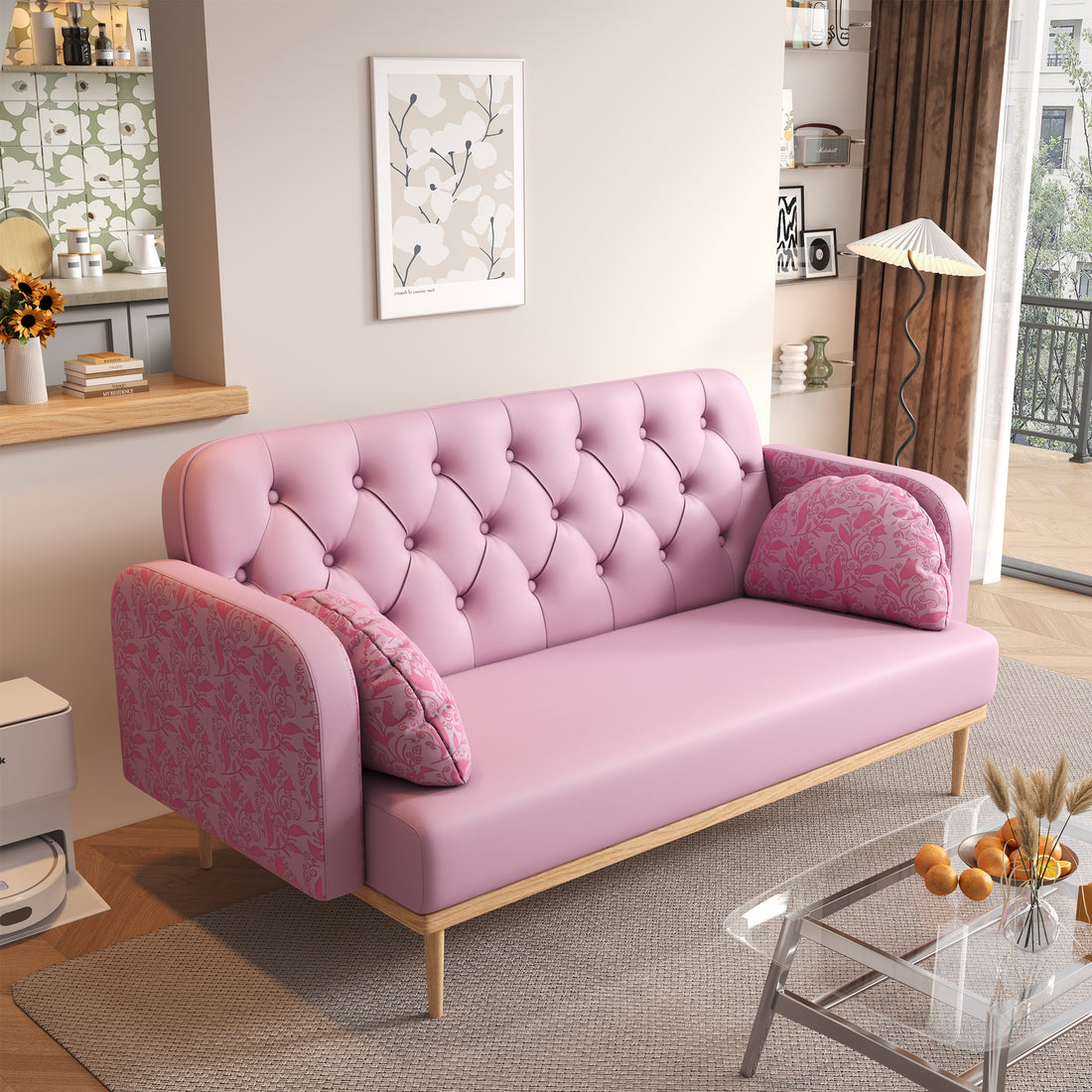 Loveseat Sofa With Tulip Pattern Modern Upholstered Two Seater Pu Sofa With 2 Dumpling Shaped Throw Pillows With Tulip Patterns Light Pink Tech Cloth Solid Wood 2 Seat