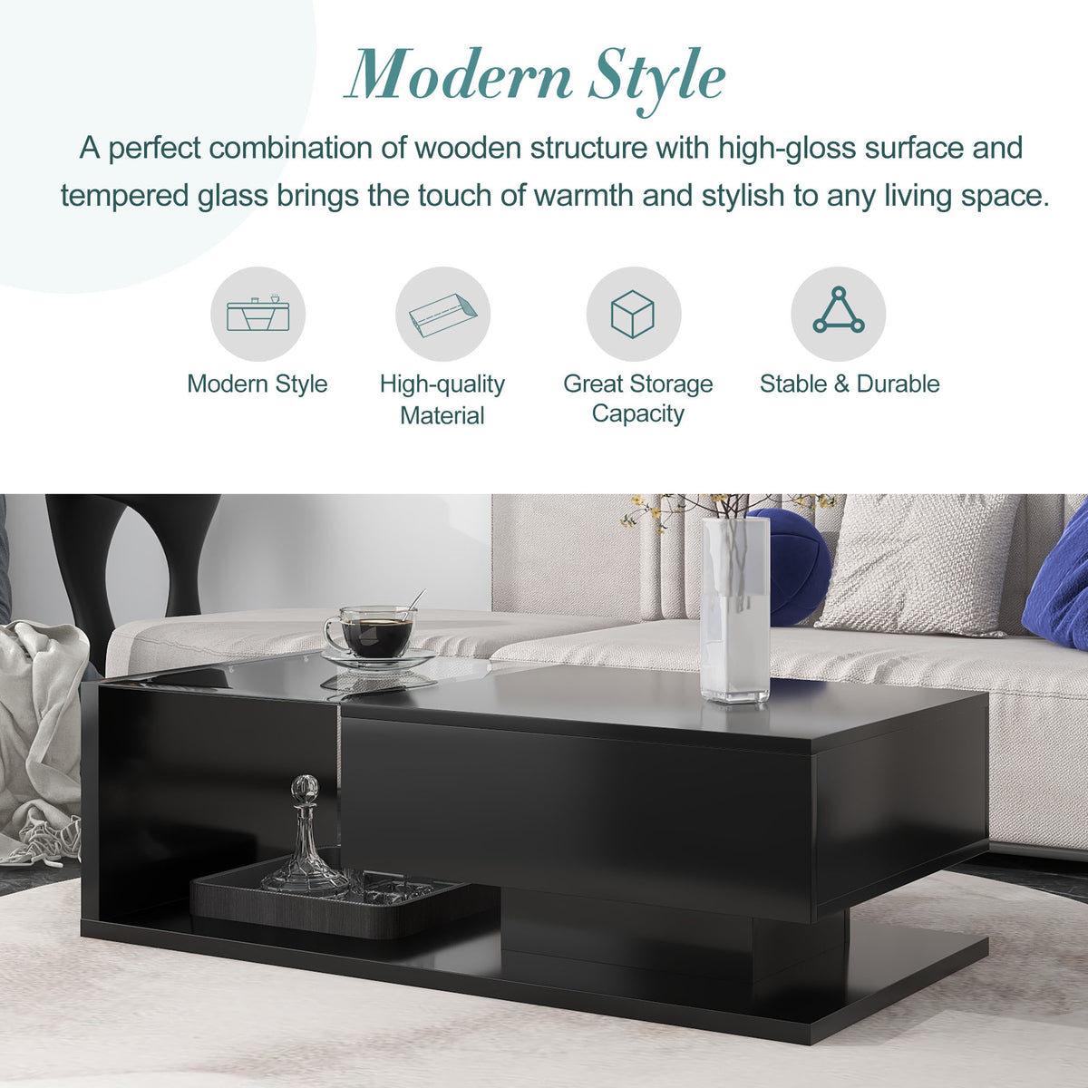 Modern Coffee Table With Tempered Glass, Wooden Cocktail Table With High Gloss Uv Surface, Modernist 2 Tier Rectangle Center Table For Living Room, Black Black Soft Close Drawers Primary Living Space Minimalist Freestanding Rectangular Drawers Coffee &