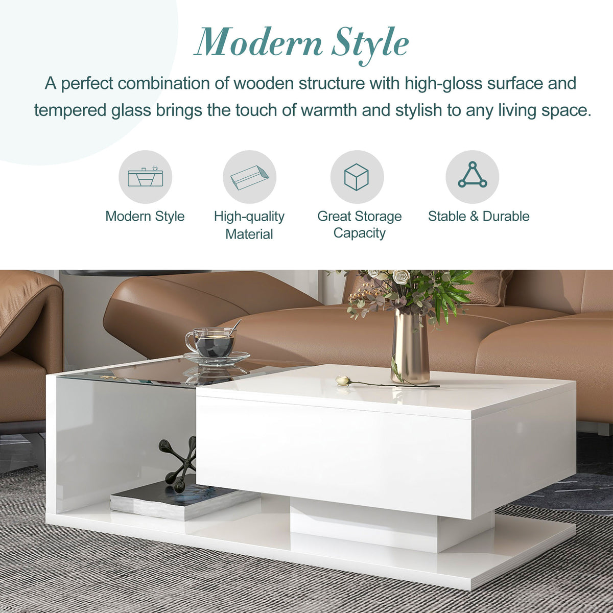 Modern Coffee Table With Tempered Glass, Wooden Cocktail Table With High Gloss Uv Surface, Modernist 2 Tier Rectangle Center Table For Living Room, White White Soft Close Drawers Primary Living Space Minimalist Freestanding Rectangular Drawers Coffee &