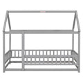 Twin Size Floor Wooden Bed With House Roof Frame, Fence Guardrails,Grey Old Sku:W1791106614 Twin Grey Pine
