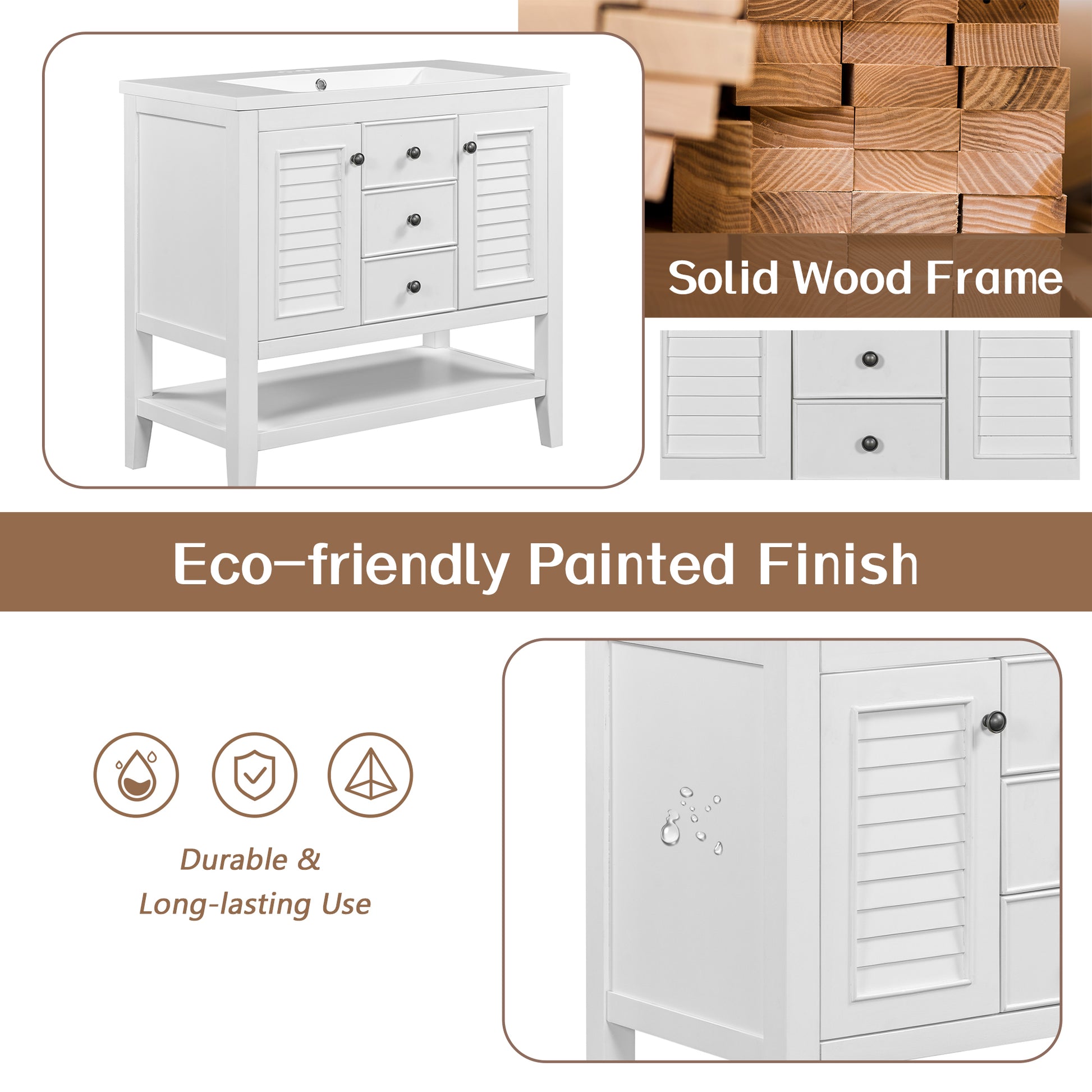 36" Bathroom Vanity Without Sink, Cabinet Base Only, Two Cabinets And Drawers, Open Shelf, Solid Wood Frame, White White Solid Wood Mdf