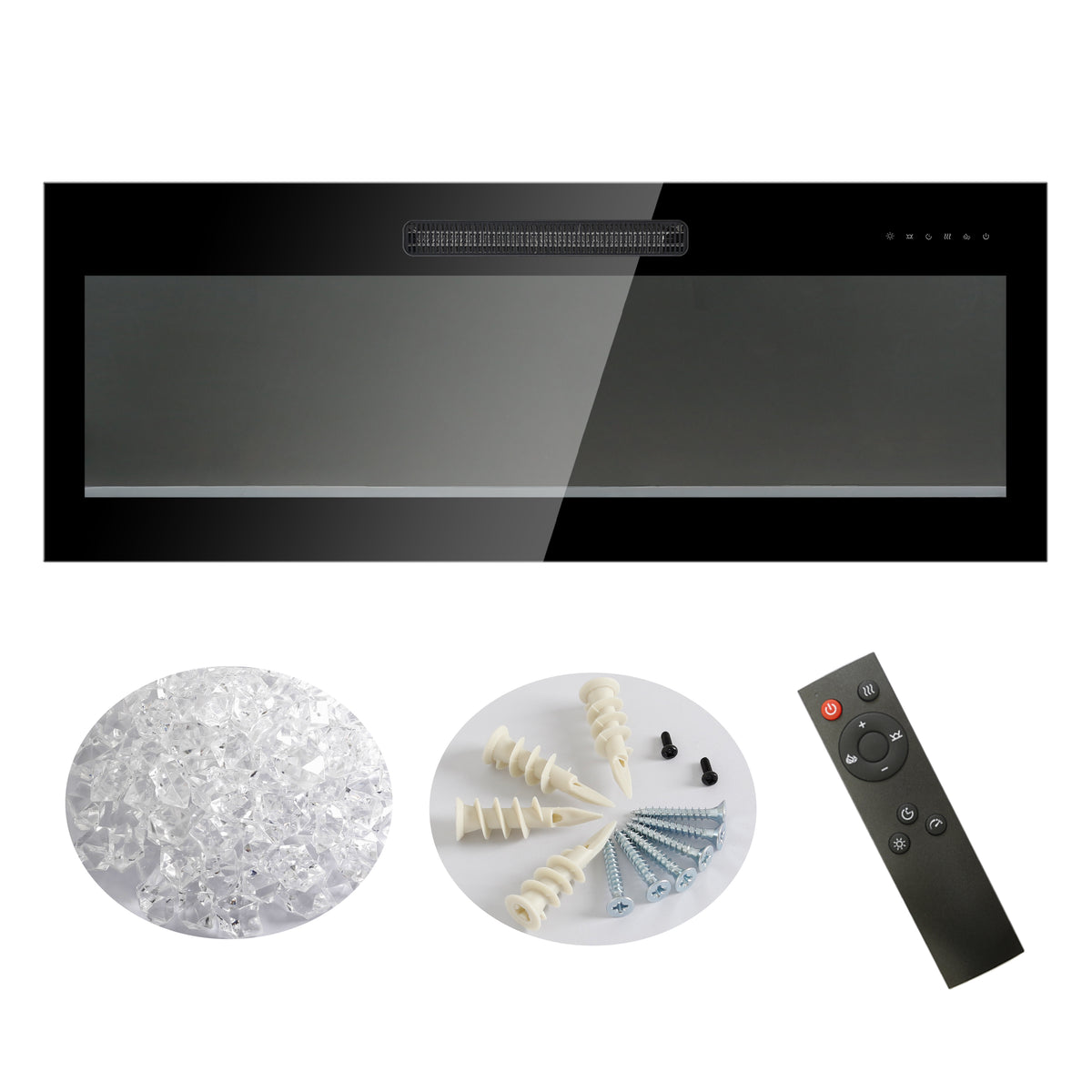 50 Inch Recessed Ultra Thin Tempered Glass Front Wall Mounted Electric Fireplace With Remote And Multi Color Flame & Emberbed, Led Light Heater Antique Black Tempered Glass Sheet Metal Plastic