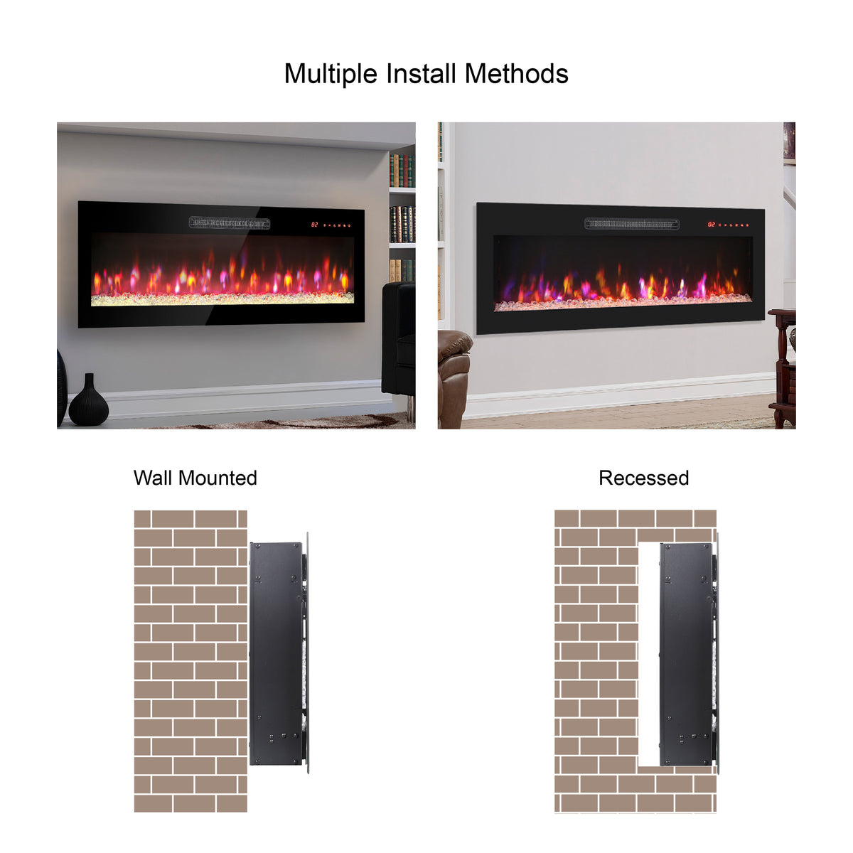 60 Inch Recessed Ultra Thin Tempered Glass Front Wall Mounted Electric Fireplace With Remote And Multi Color Flame & Emberbed, Led Light Heater Powder Coated Electric Antique Black Vent Free Yes Tempered Glass Sheet Metal Plastic Electric