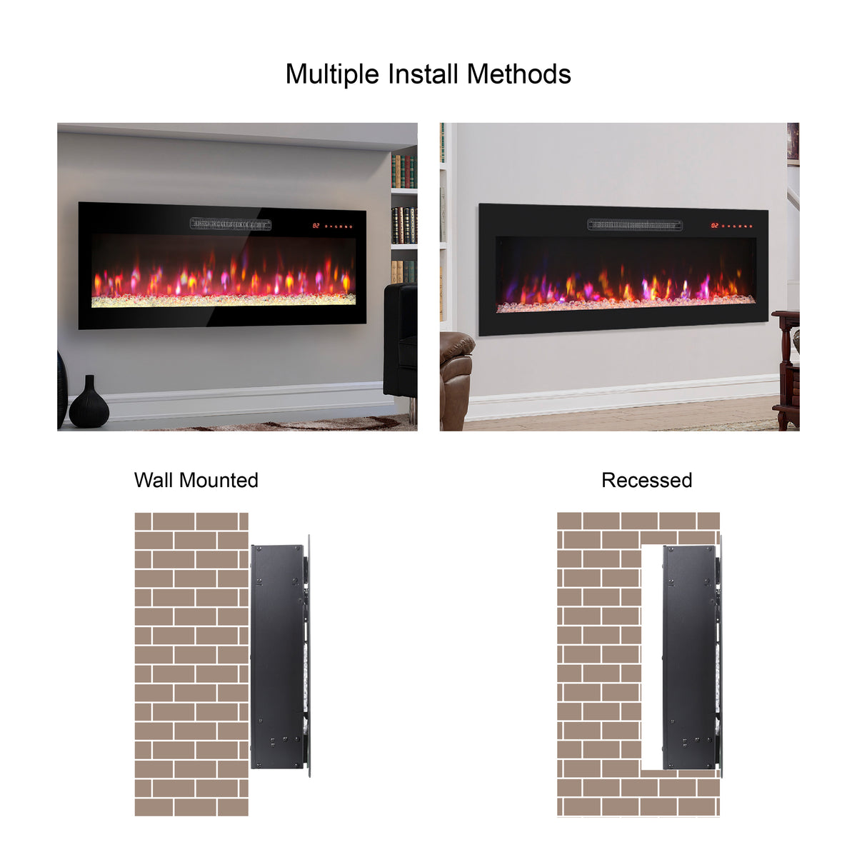 50 Inch Recessed Ultra Thin Tempered Glass Front Wall Mounted Electric Fireplace With Remote And Multi Color Flame & Emberbed, Led Light Heater Antique Black Tempered Glass Sheet Metal Plastic