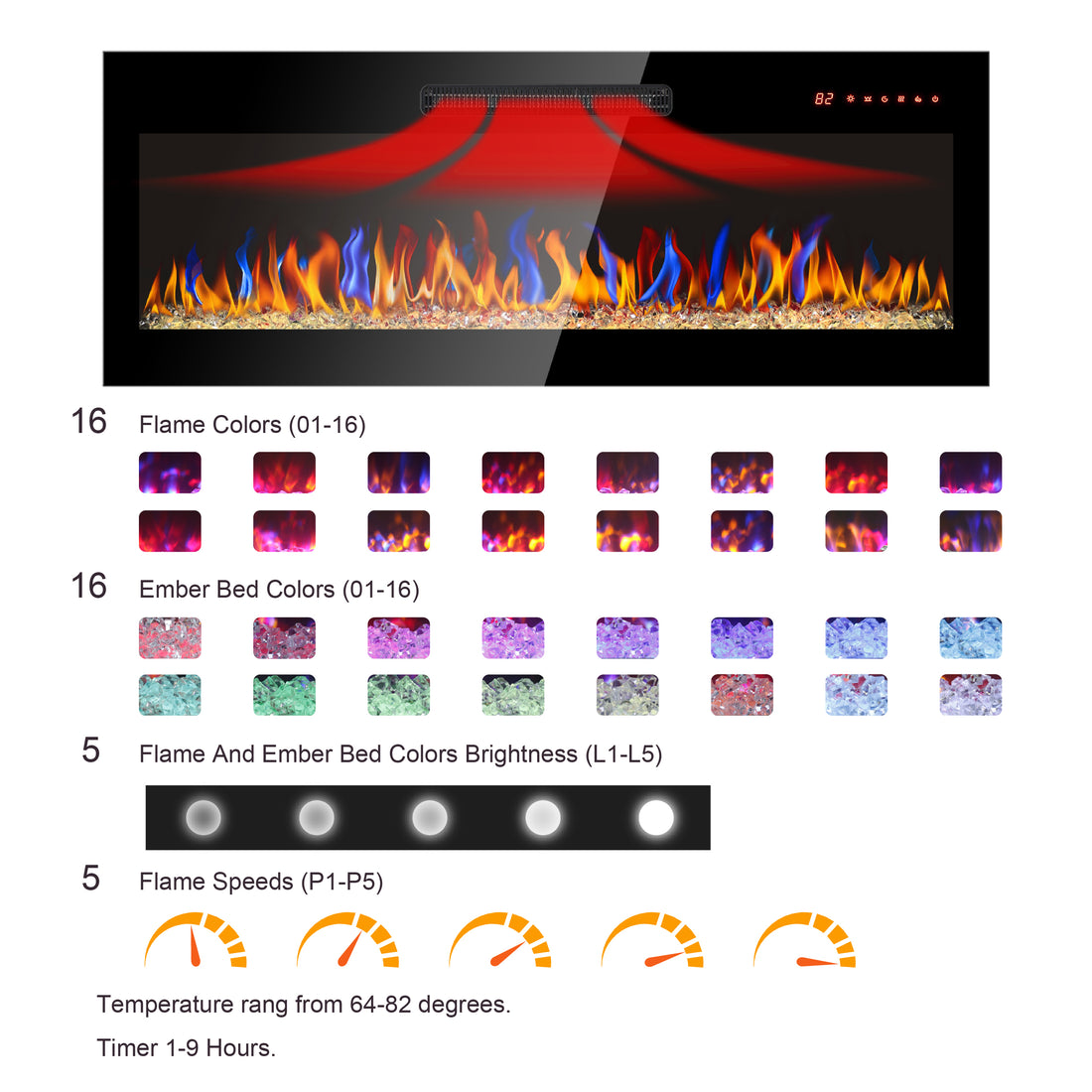 42 Inch Recessed Ultra Thin Tempered Glass Front Wall Mounted Electric Fireplace With Remote And Multi Color Flame & Emberbed, Led Light Heater Powder Coated Electric Antique Black Vent Free Yes Tempered Glass Sheet Metal Plastic