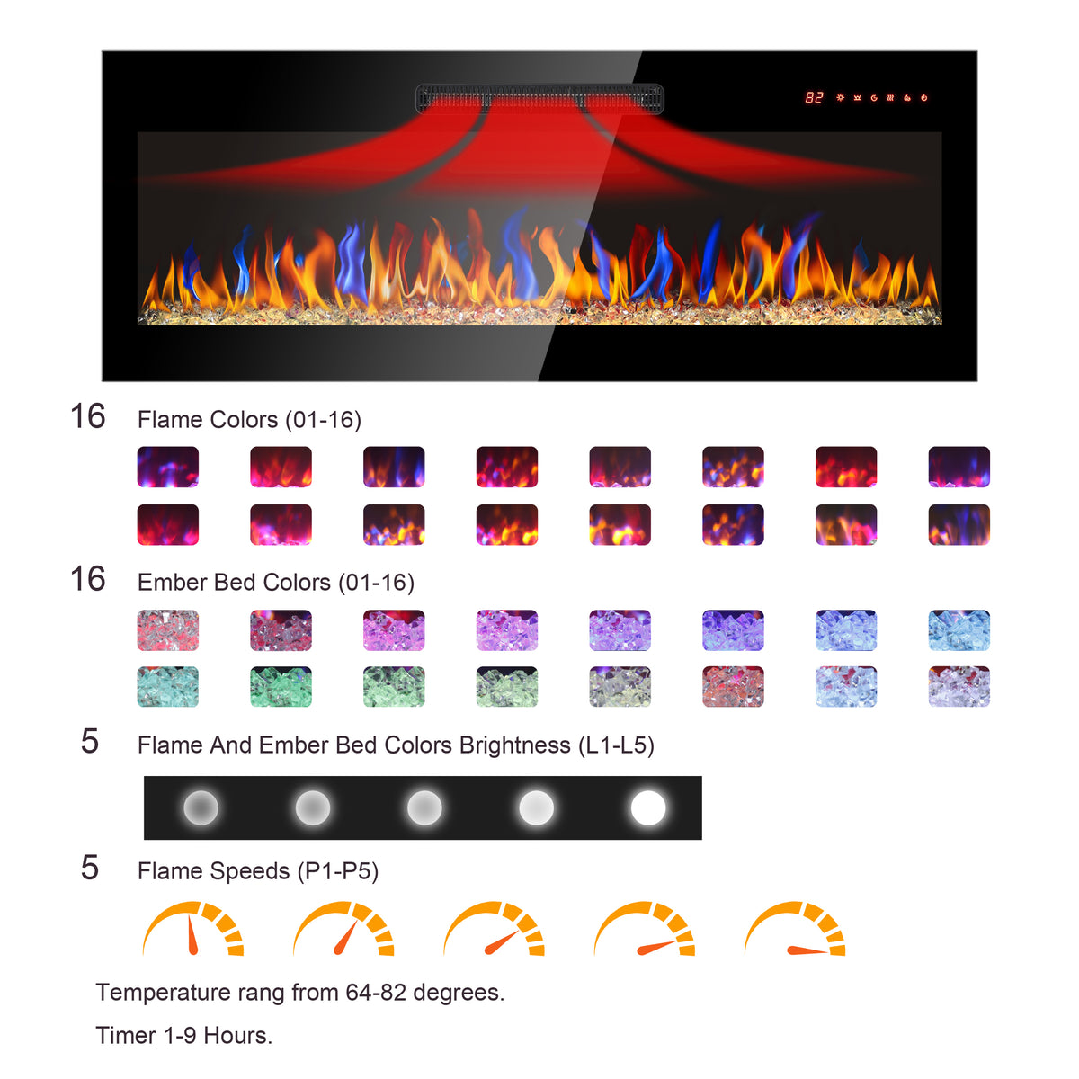 50 Inch Recessed Ultra Thin Tempered Glass Front Wall Mounted Electric Fireplace With Remote And Multi Color Flame & Emberbed, Led Light Heater Antique Black Tempered Glass Sheet Metal Plastic