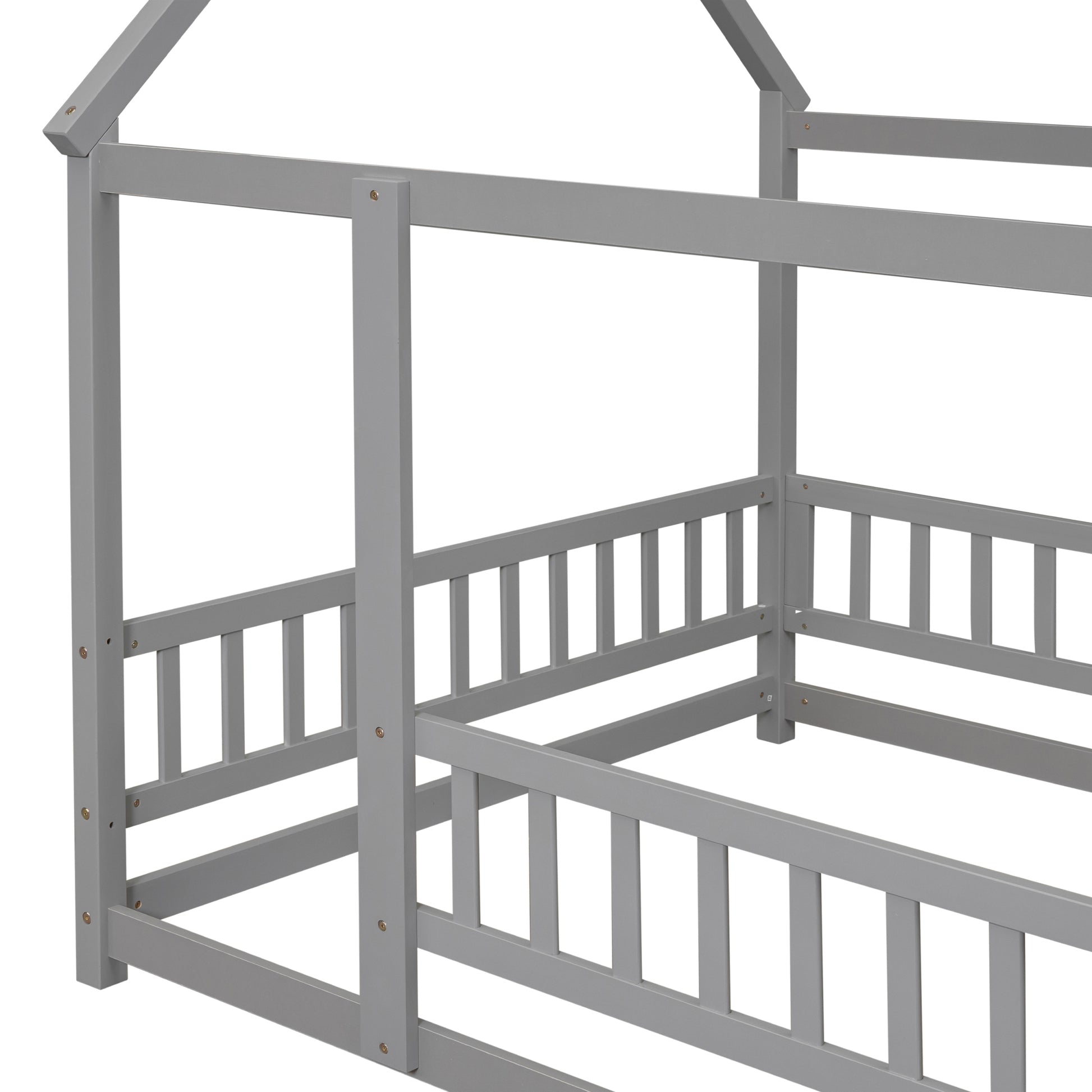 Full Size Floor Wooden Bed With House Roof Frame, Fence Guardrails ,Grey Full Grey Pine