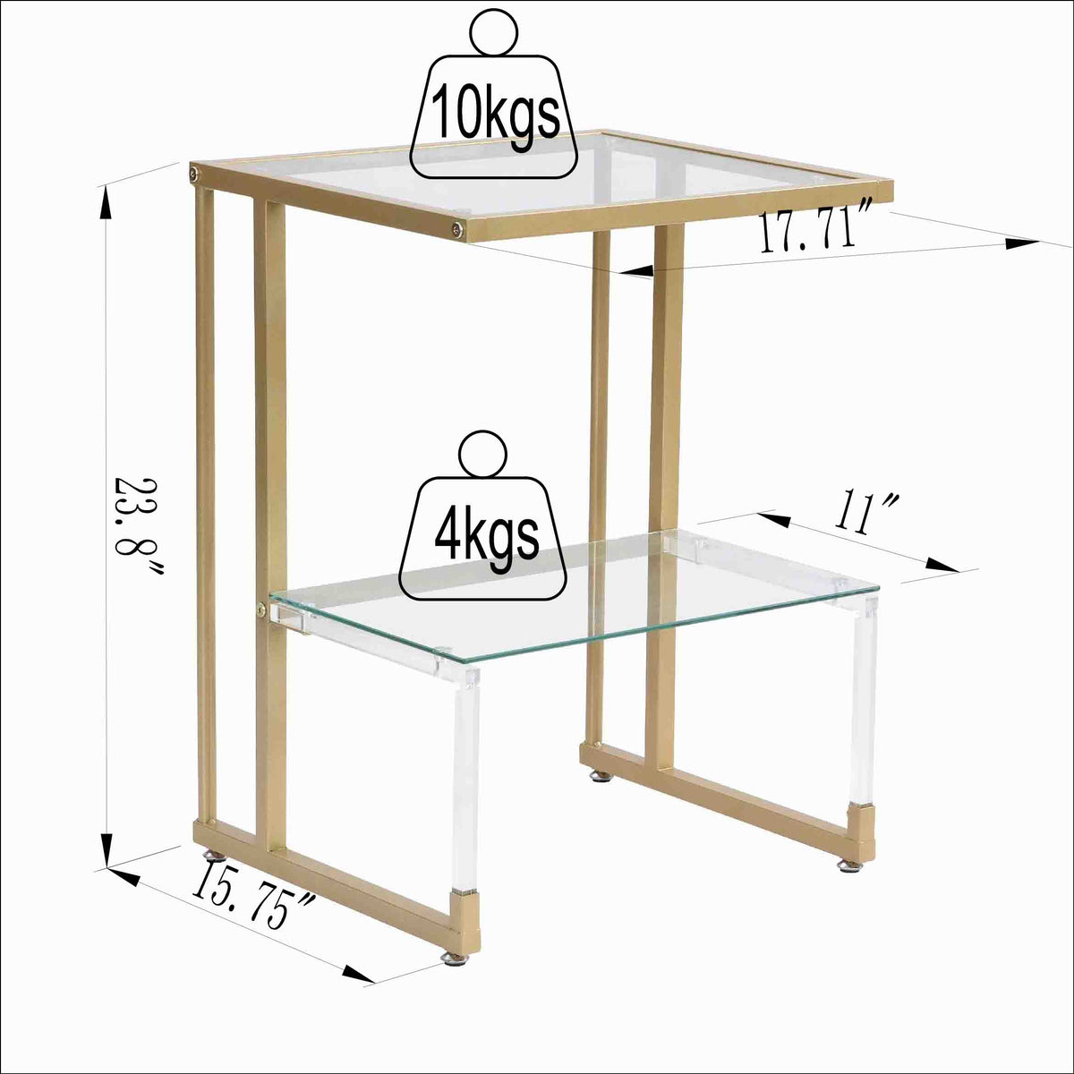 Golden Side Table, 2 Tier Acrylic Glass End Table For Living Room&Bedroom Gold Glass Iron
