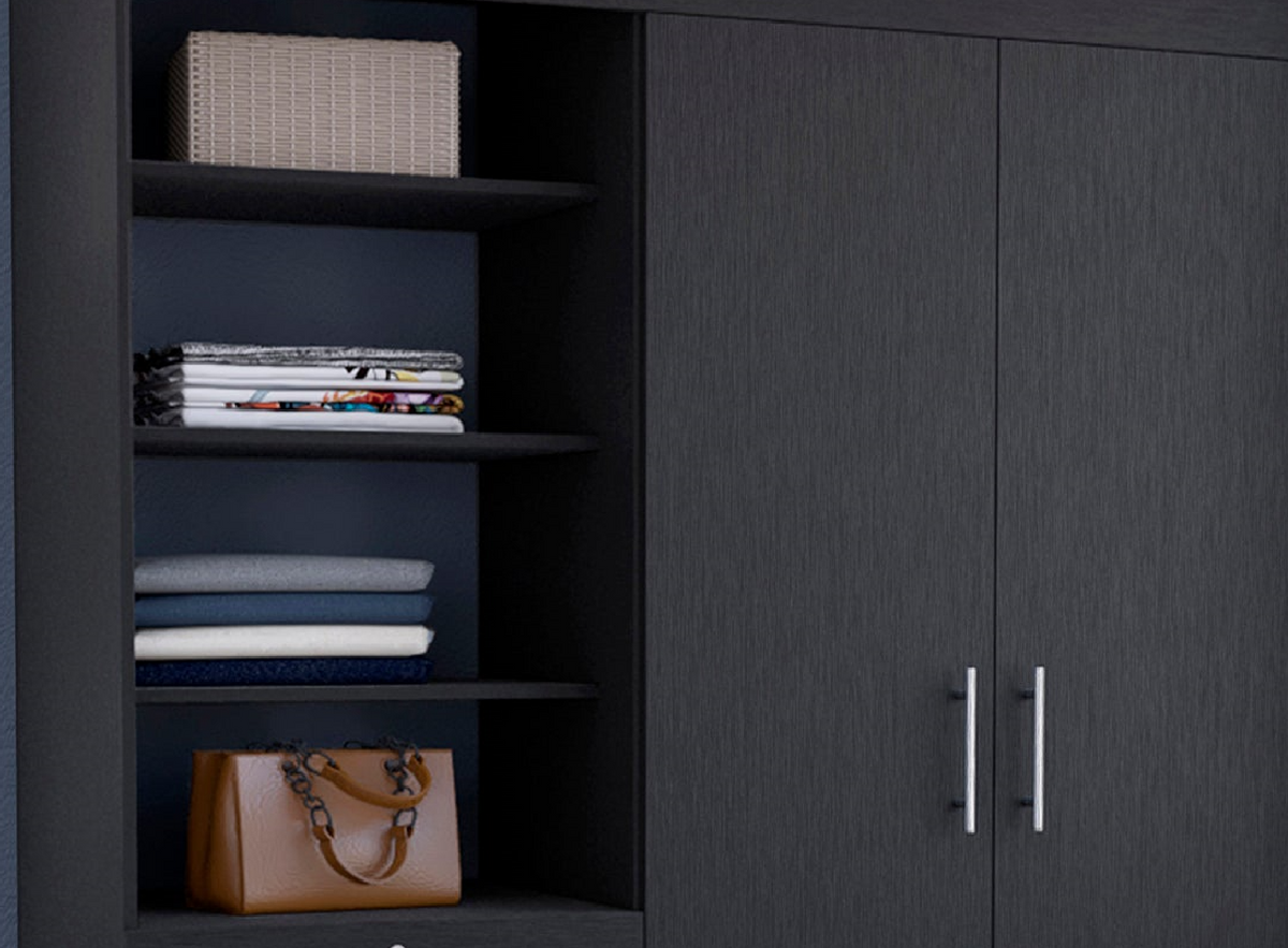 Kenya 3 Drawers Armoire, Double Door, 3 Tier Shelf Black Black Particle Board Particle Board