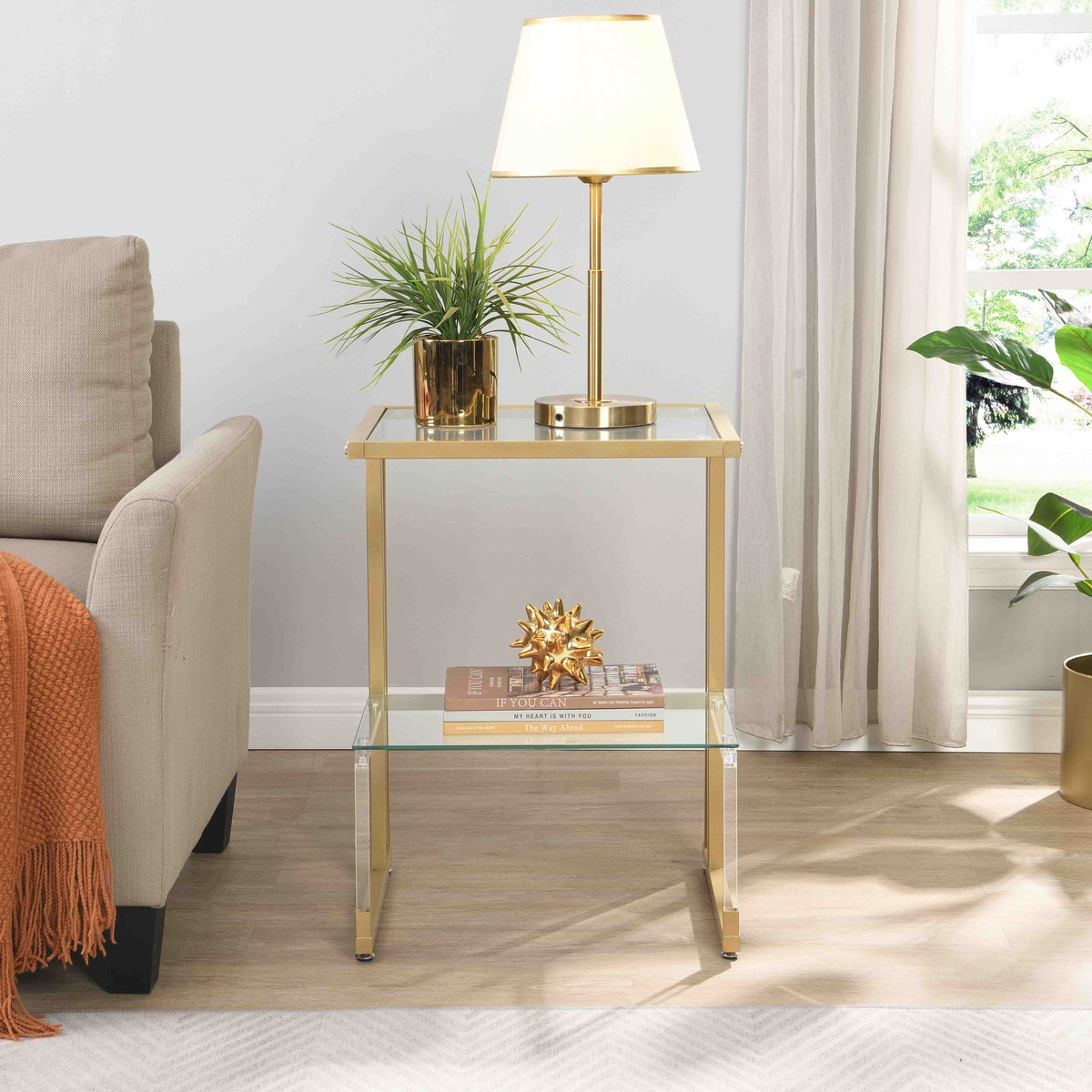 Golden Side Table, 2 Tier Acrylic Glass End Table For Living Room&Bedroom Gold Glass Iron