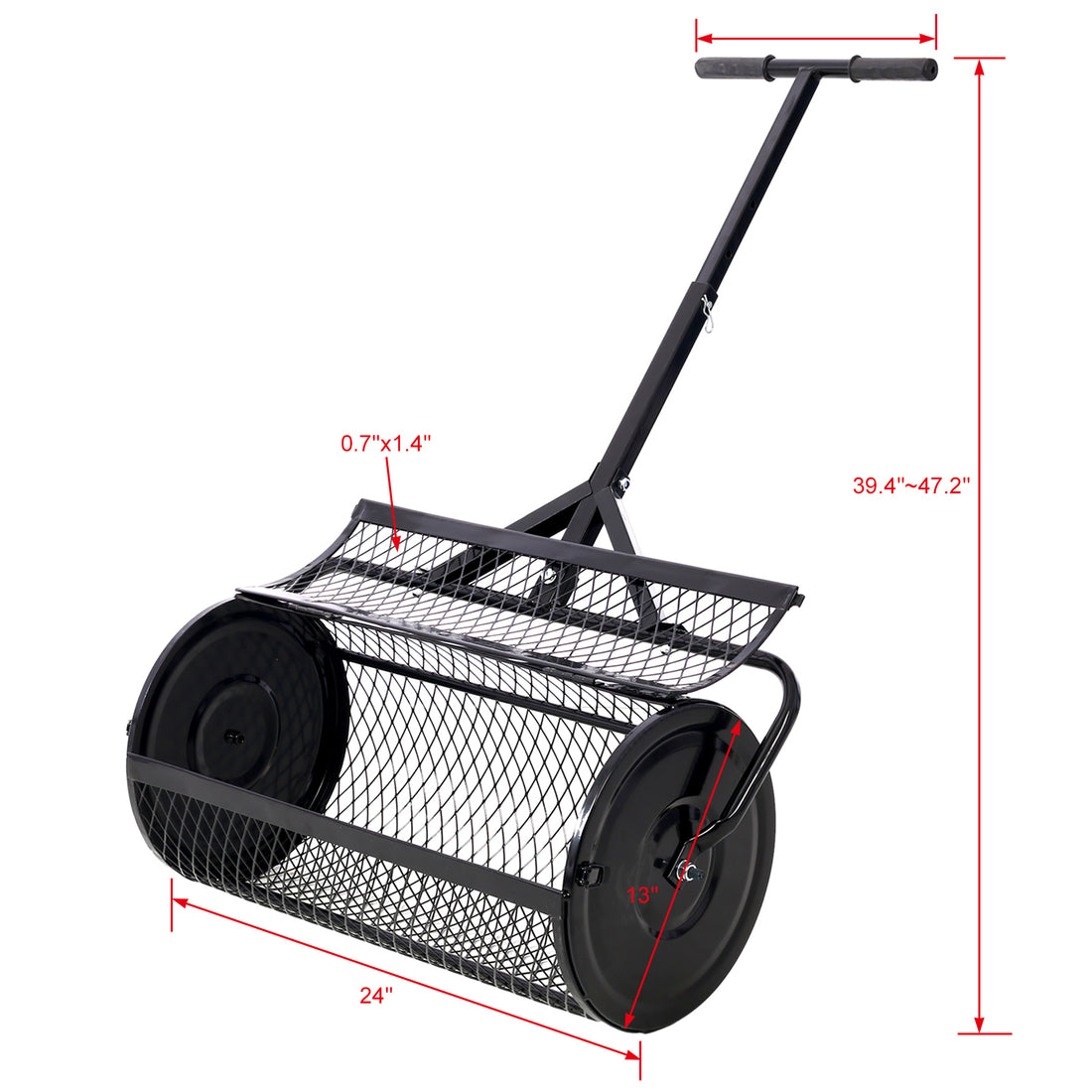 Peat Moss Spreader 24Inch,Compost Spreader Metal Mesh,T Shaped Handle For Planting Seeding,Lawn And Garden Care Manure Spreaders Roller ,Black Black Steel