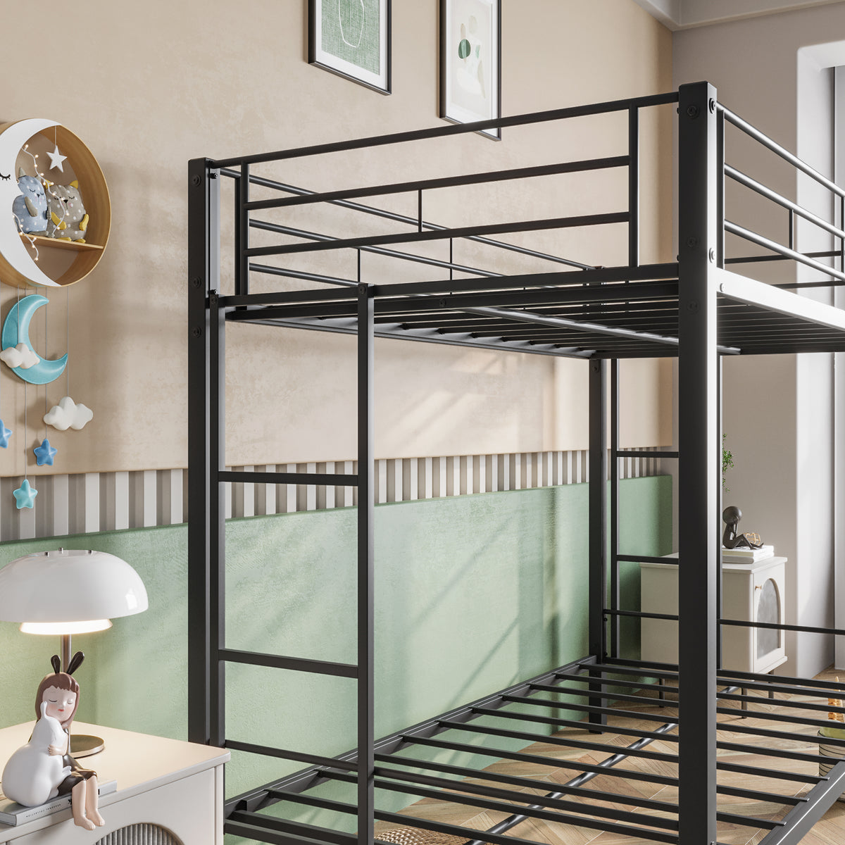 Metal Bunk Bed Twin Over Twin, Heavy Duty Twin Bunk Beds With Shelf And Slatted Support No Box Spring Needed Black Box Spring Not Required Twin Black Metal Bedroom Bunk Metal