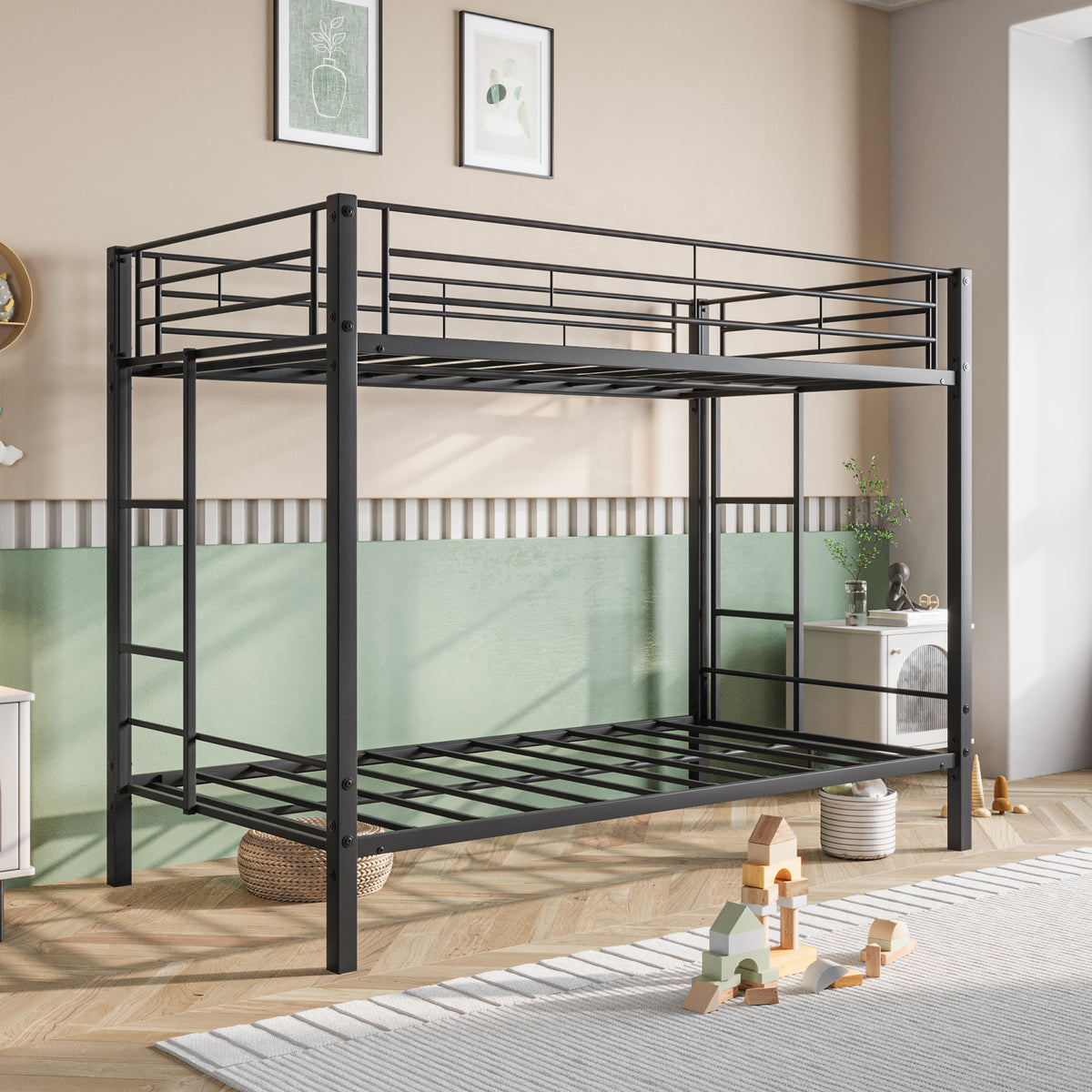 Metal Bunk Bed Twin Over Twin, Heavy Duty Twin Bunk Beds With Shelf And Slatted Support No Box Spring Needed Black Box Spring Not Required Twin Black Metal Bedroom Bunk Metal