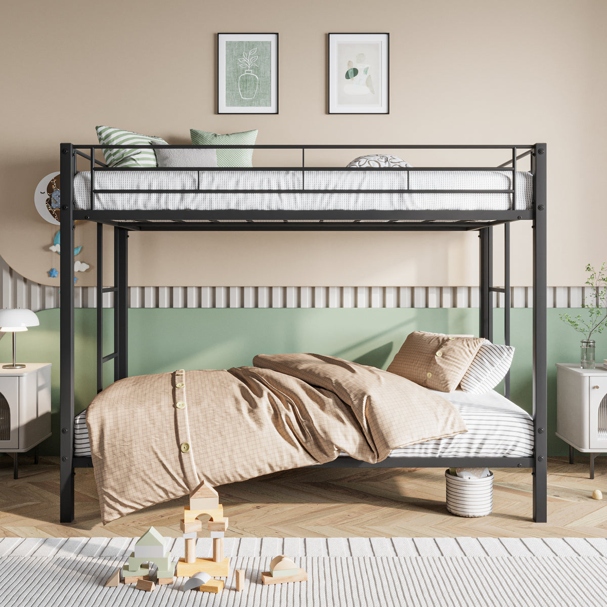 Metal Bunk Bed Twin Over Twin, Heavy Duty Twin Bunk Beds With Shelf And Slatted Support No Box Spring Needed Black Box Spring Not Required Twin Black Metal Bedroom Bunk Metal