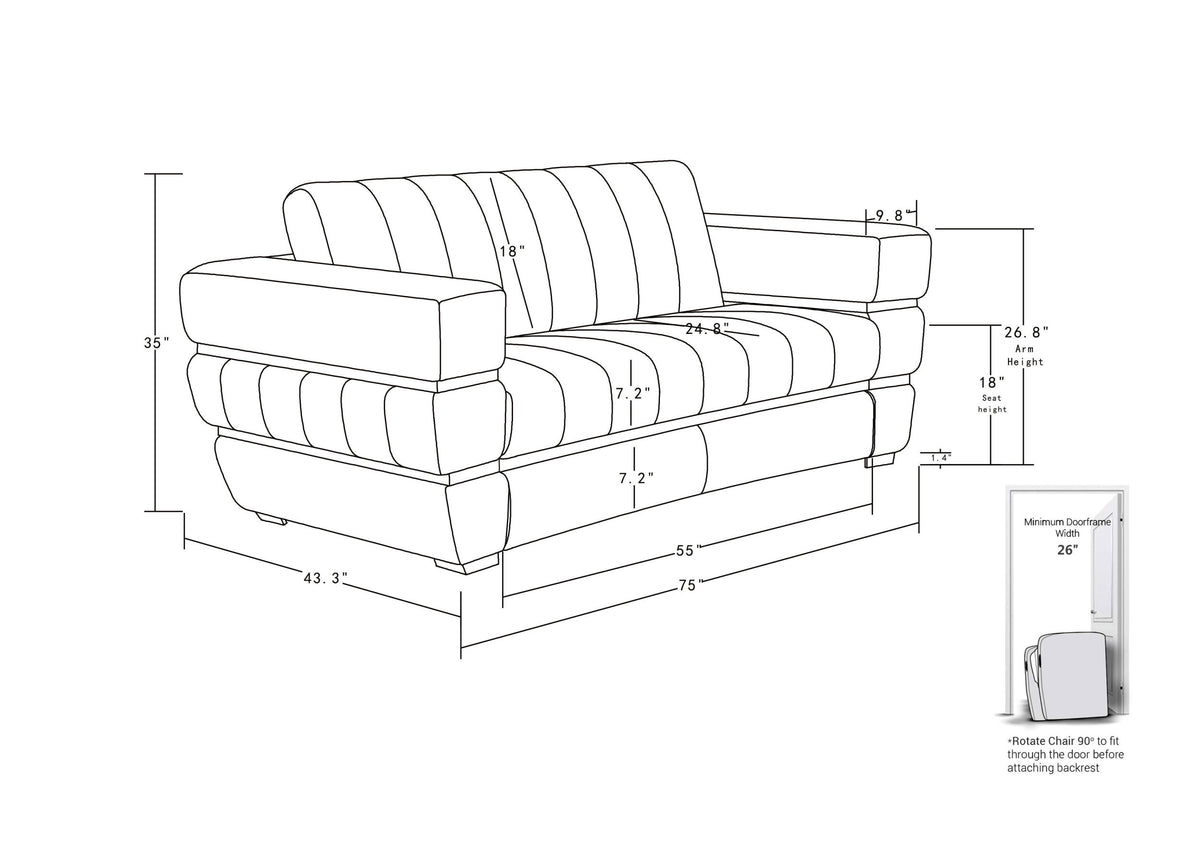 Top Grain Italian Leather Loveseat White Foam Leather