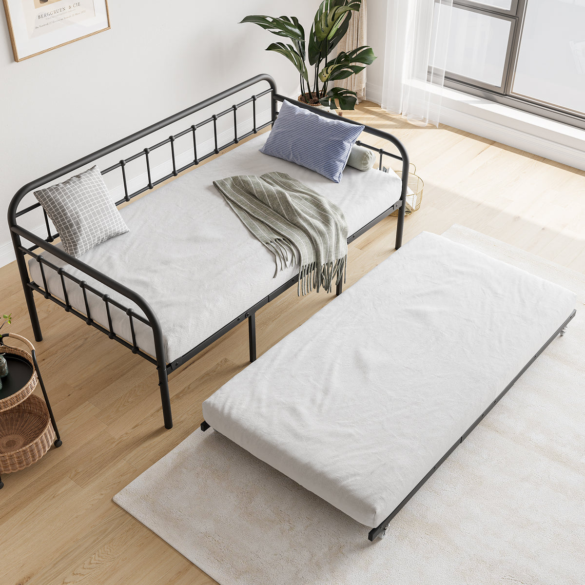 Twin Size Metal Daybed Frame With Trundle, Heavy Duty Steel Slat Support Sofa Bed Platform With Headboard, No Box Spring Needed, Black Box Spring Not Required Twin Black Metal Bedroom Metal
