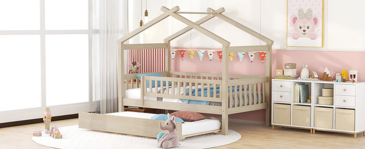 Twin Size Wooden House Bed With Twin Size Trundle, Natural Twin Natural Solid Wood Mdf