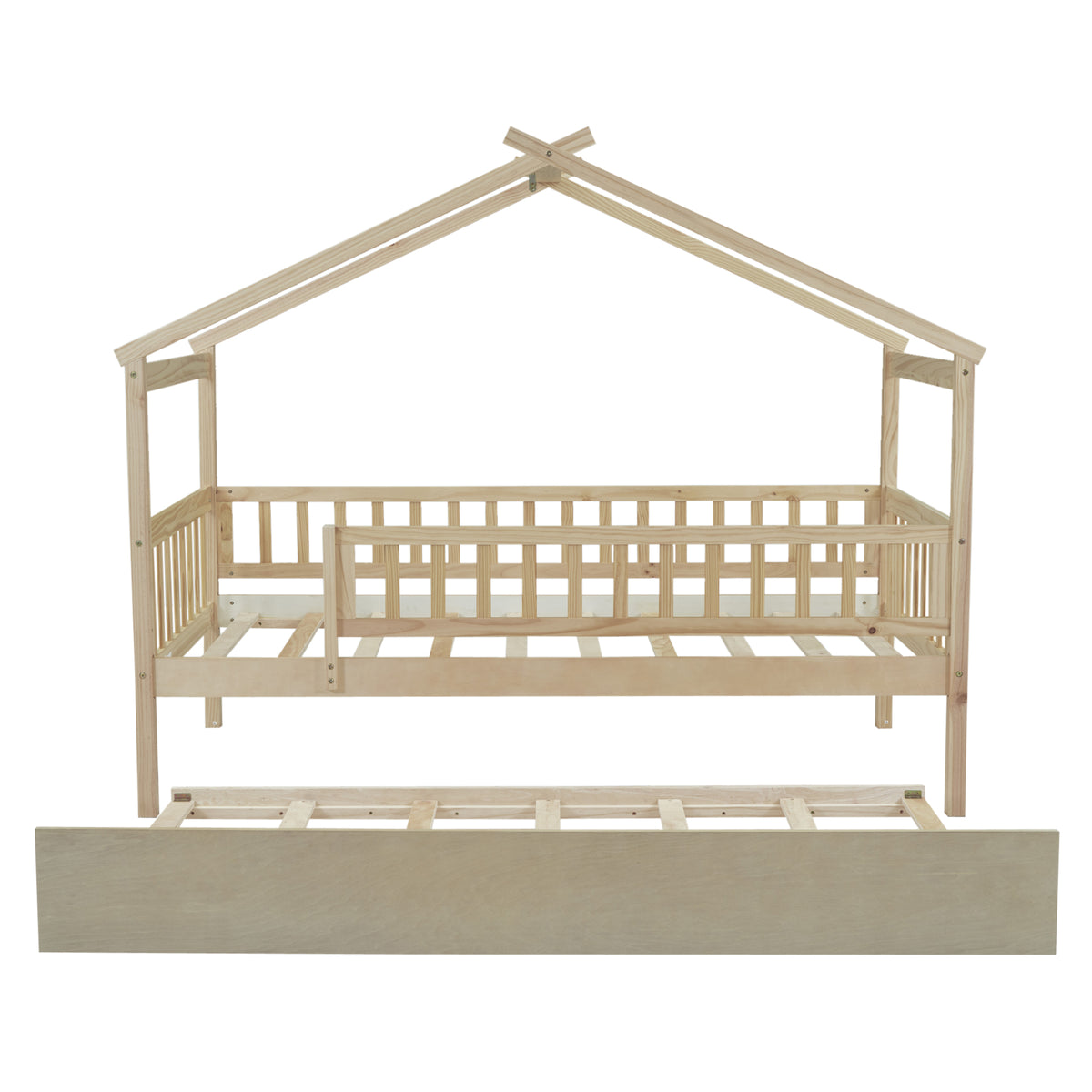 Twin Size Wooden House Bed With Twin Size Trundle, Natural Twin Natural Solid Wood Mdf