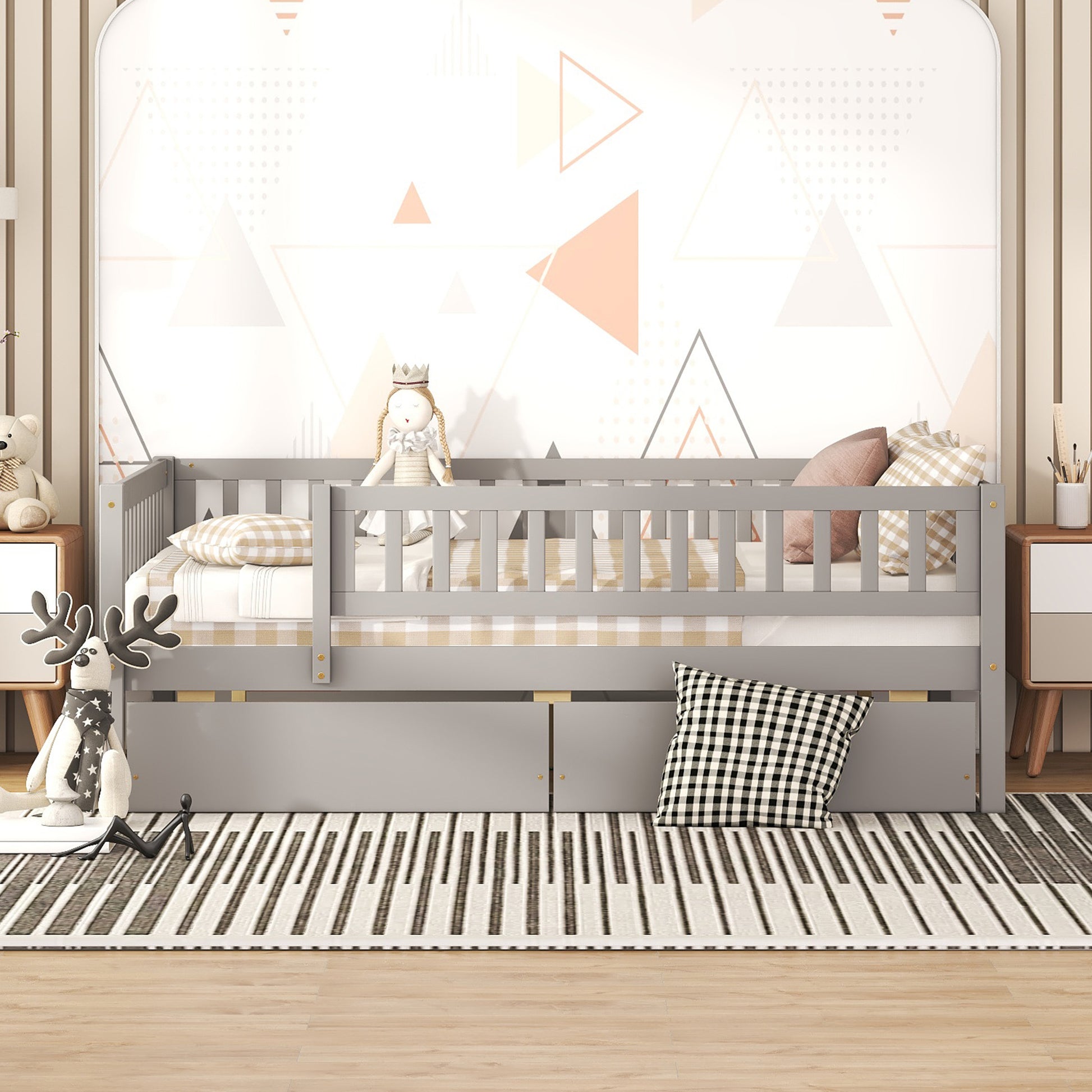 Full Size Daybed Wood Bed With Two Drawers, Gray Full Gray Solid Wood