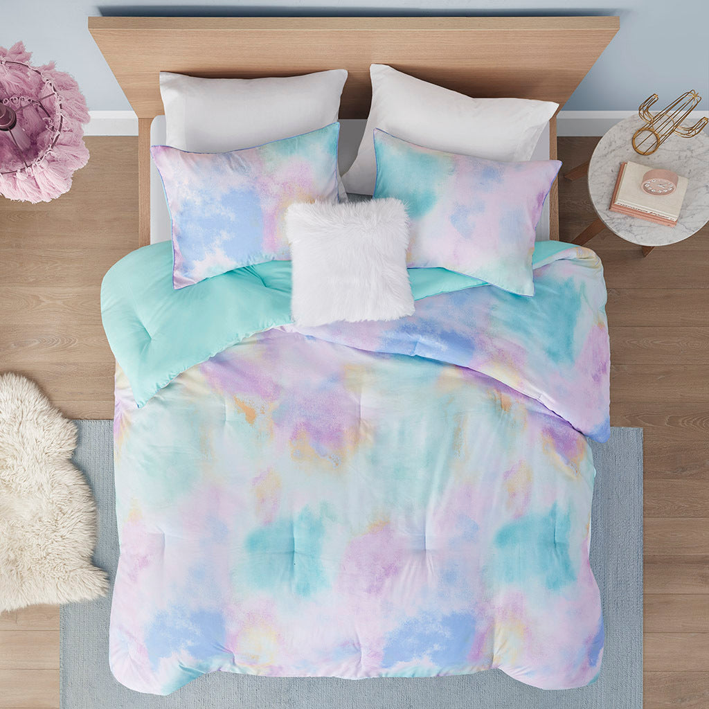 Watercolor Tie Dye Printed Comforter Set With Throw Pillow Queen Aqua Polyester