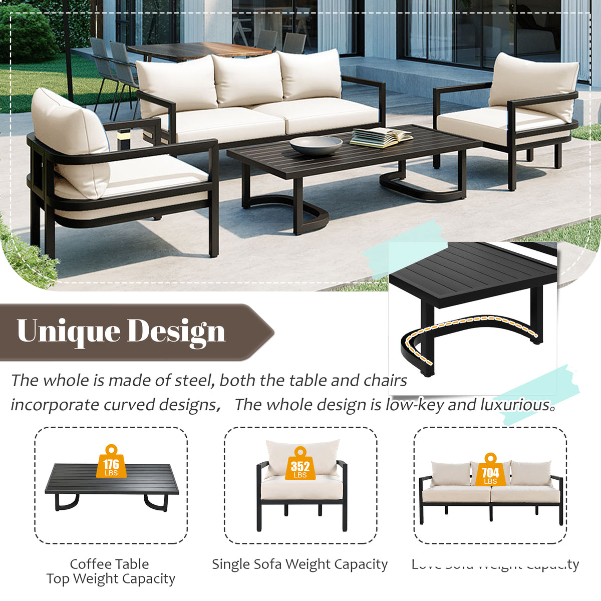 Multi Person Outdoor Steel Sofa Set, Waterproof, Anti Rust And Anti Uv, Suitable For Gardens And Lawns Beige Steel