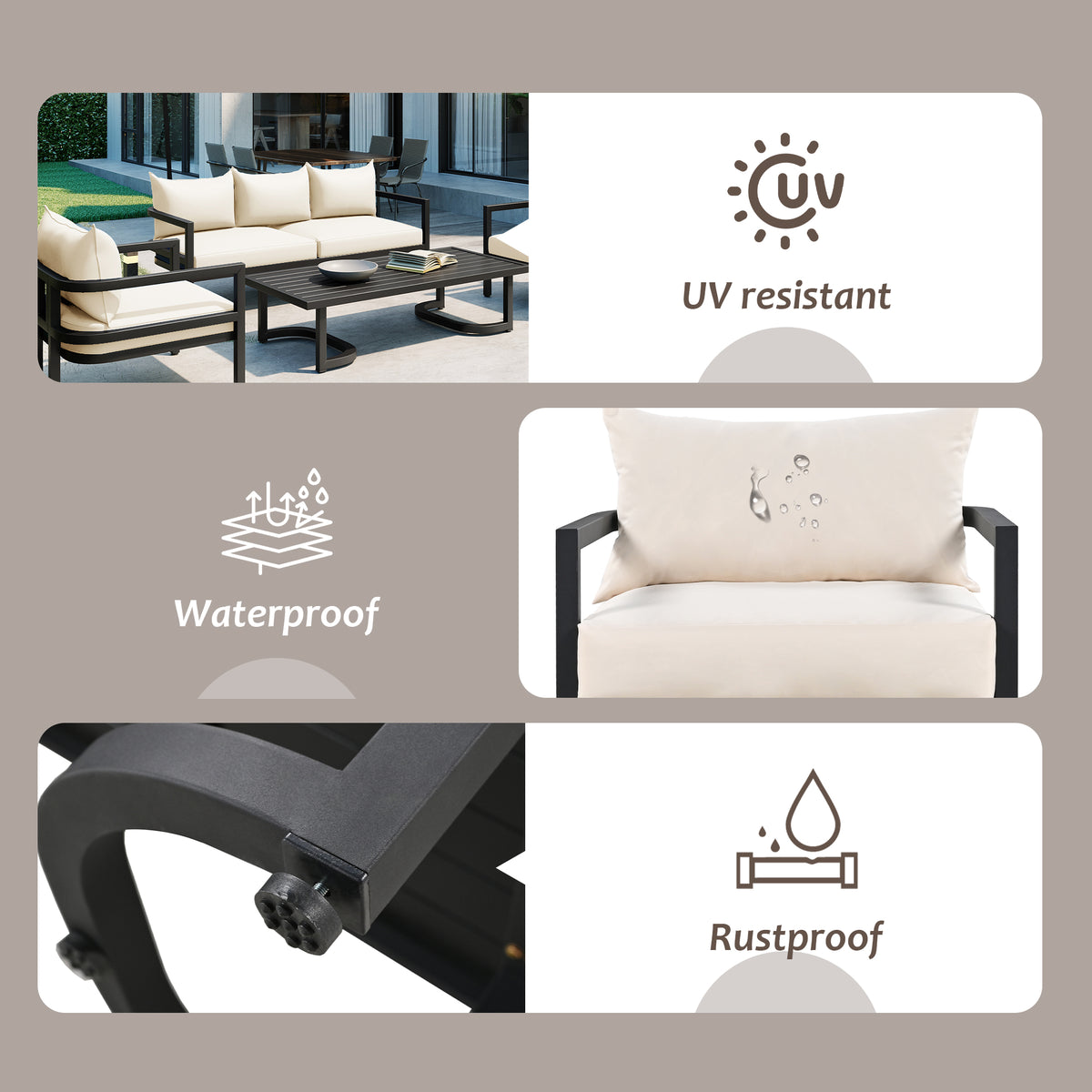 Multi Person Outdoor Steel Sofa Set, Waterproof, Anti Rust And Anti Uv, Suitable For Gardens And Lawns Beige Steel