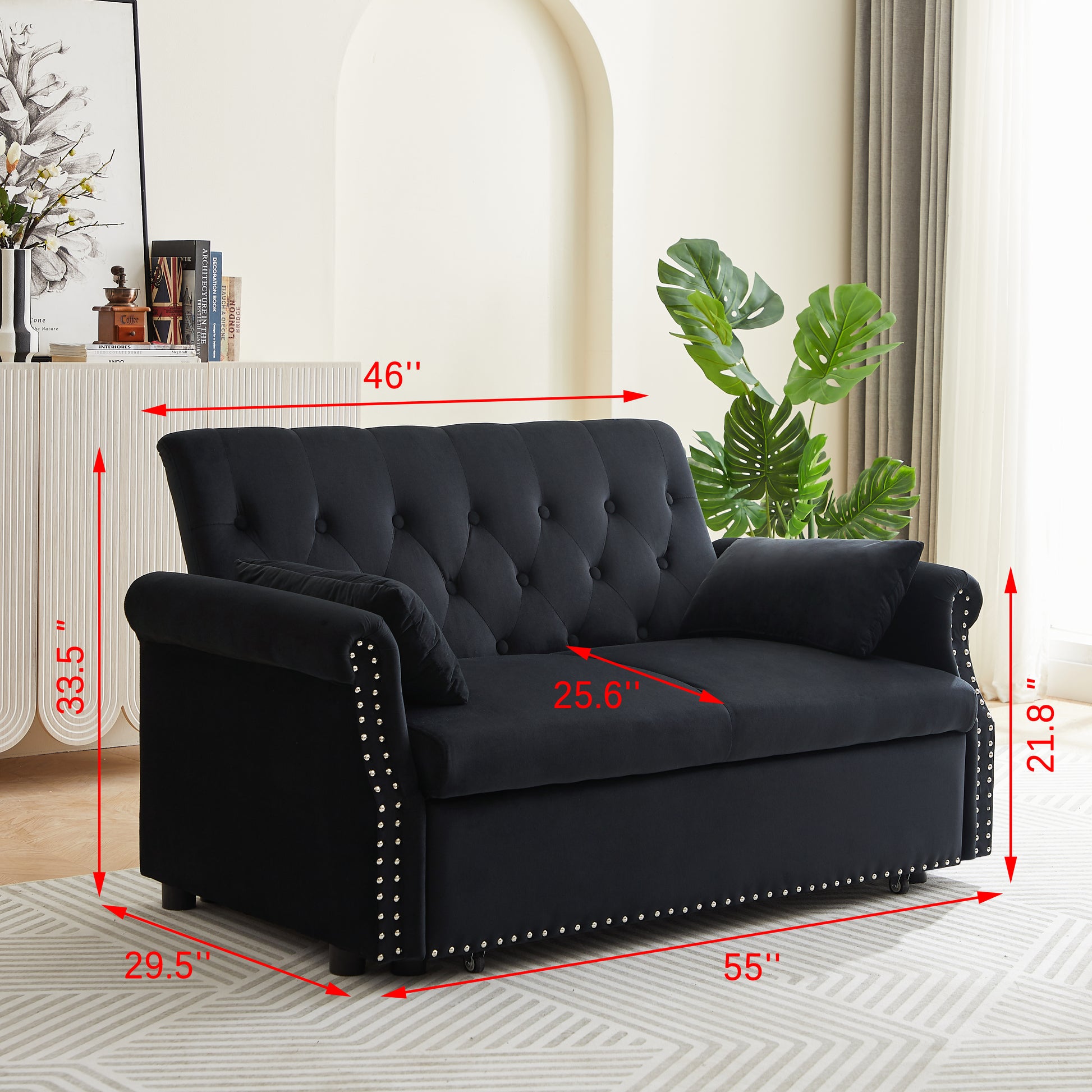 Artemax 55'' Modern Shiny Velvet Convertible Loveseat Sleeper Sofa Couch W 2 Lumbar Pillows, Adjustable Pull Out Bed And Removable Armrest For Nursery, Living Room, Apartment, Home Office Black Upholstered Velvet