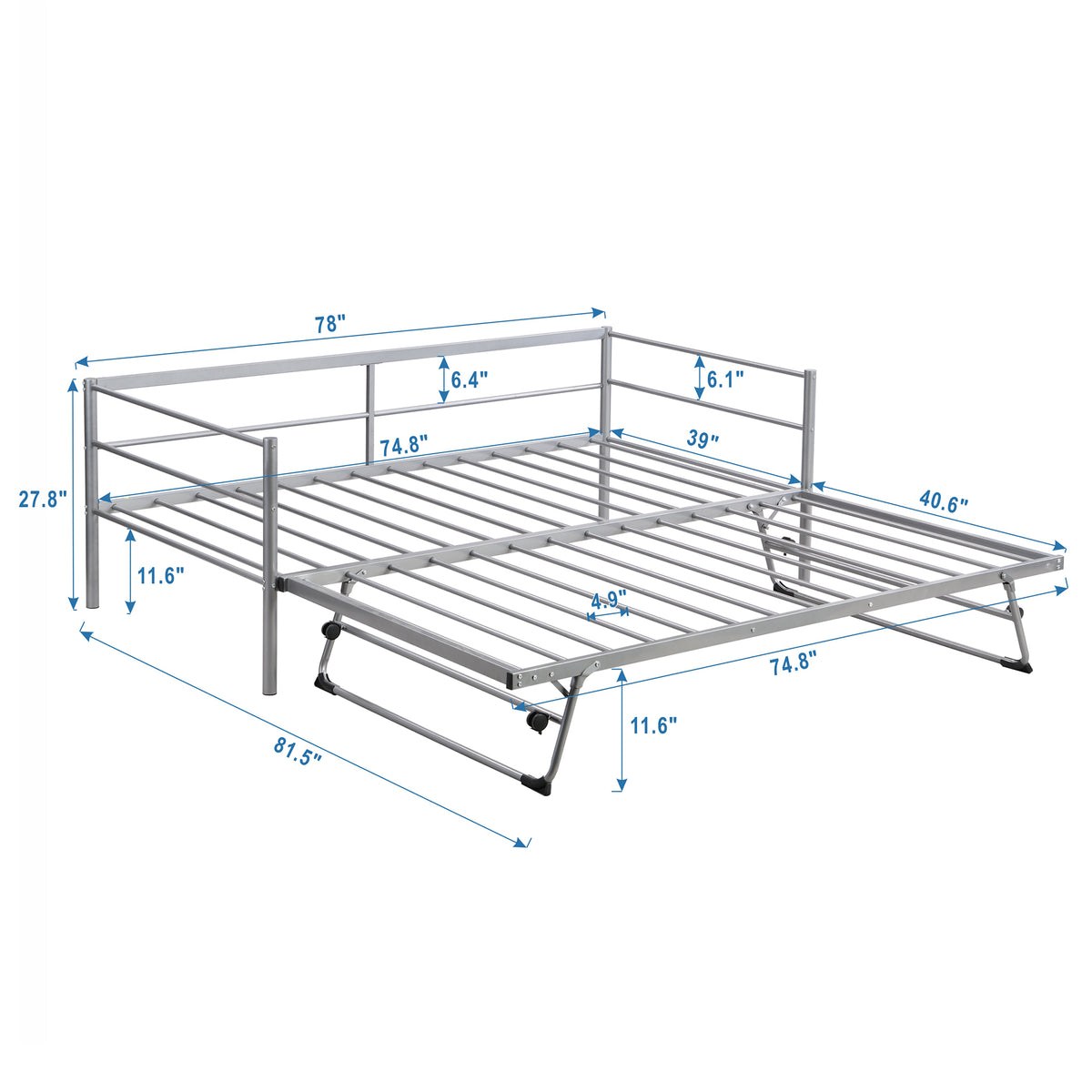 Twin Size Metal Daybed With Adjustable Trundle, Pop Up Trundle, Silver Silver Metal