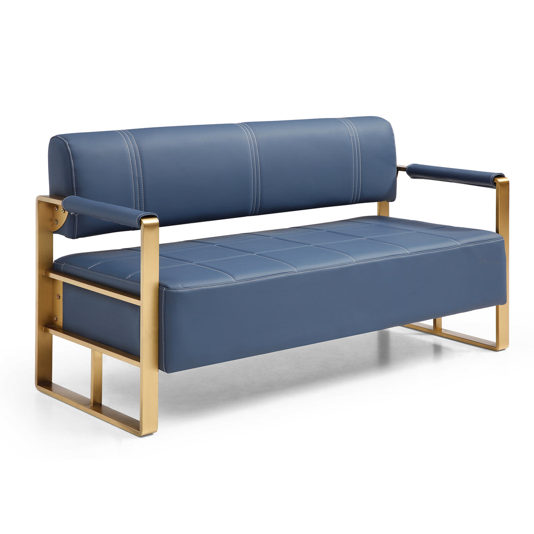 57.9" Width Modern Upholstery Faux Bonded Leather Loveseat Sofa For Living Room Accent Beautiful Seats For Small Spaces 2 Seater Couch Sofa Office Apartment Studio Furniture With Golden Metal Arms,Blue Navy Blue Bonded Leather