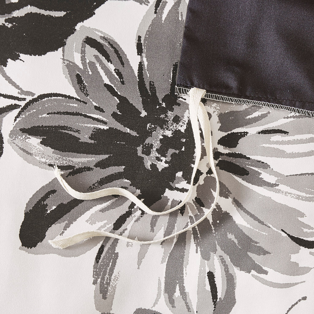 Floral Print Duvet Cover Set King White Black Microfiber