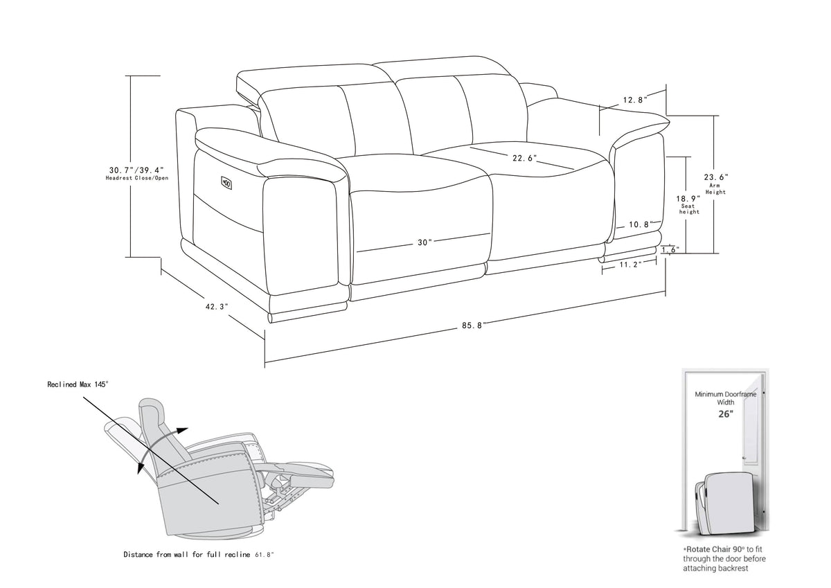 Genuine Italian Leather Power Reclining Sofa White Foam Leather