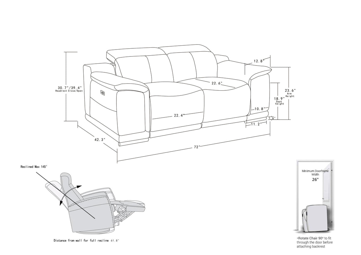 Genuine Italian Leather Power Reclining Loveseat White Foam Leather