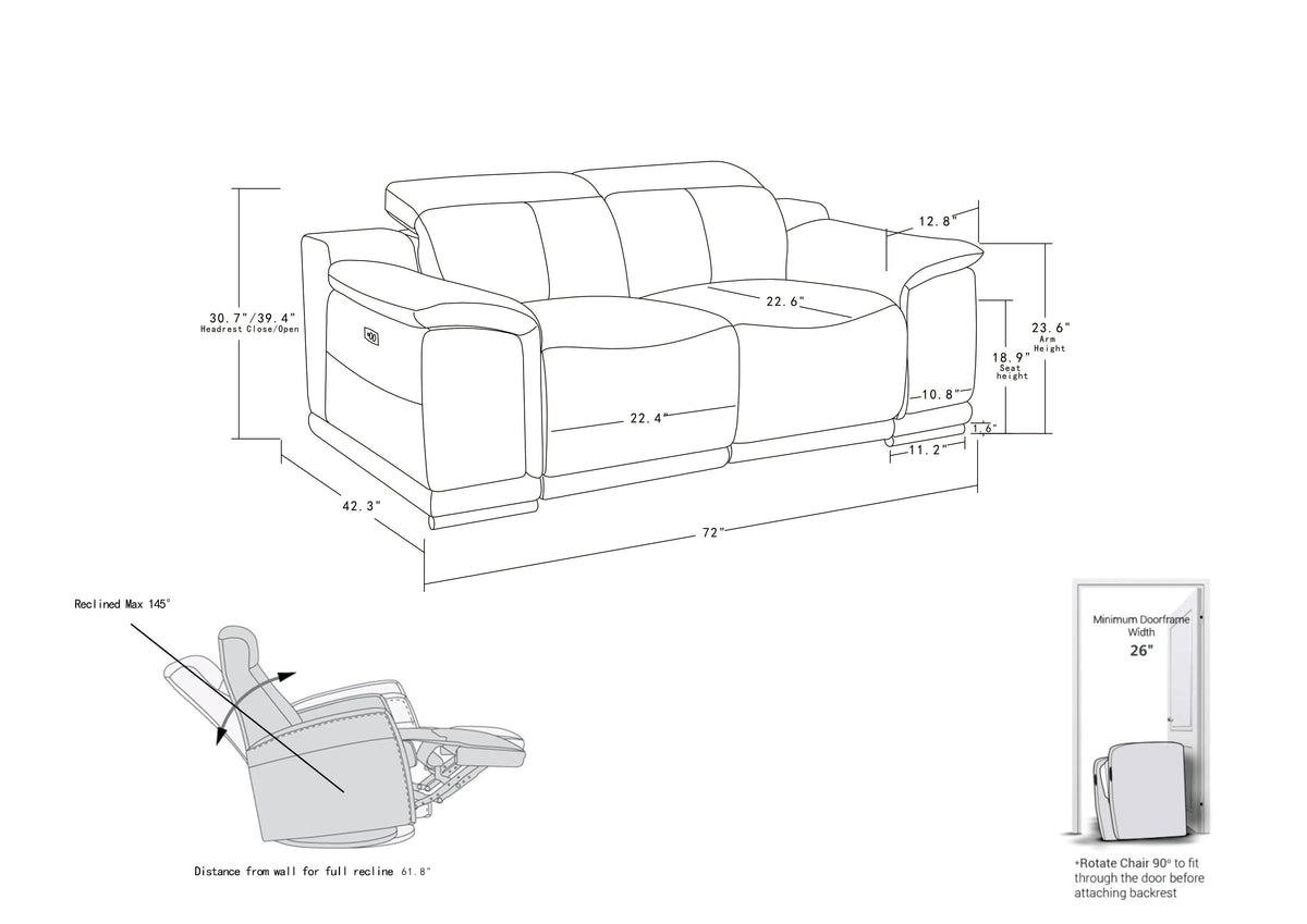Genuine Italian Leather Power Reclining Loveseat Dark Gray Foam Leather