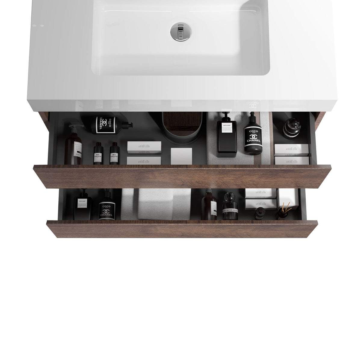 Alice 24" Walnut Bathroom Vanity With Sink, Large Storage Wall Mounted Floating Bathroom Vanity For Modern Bathroom, One Piece White Sink Basin Without Drain And Faucet, Pre Assembled White Walnut Melamine