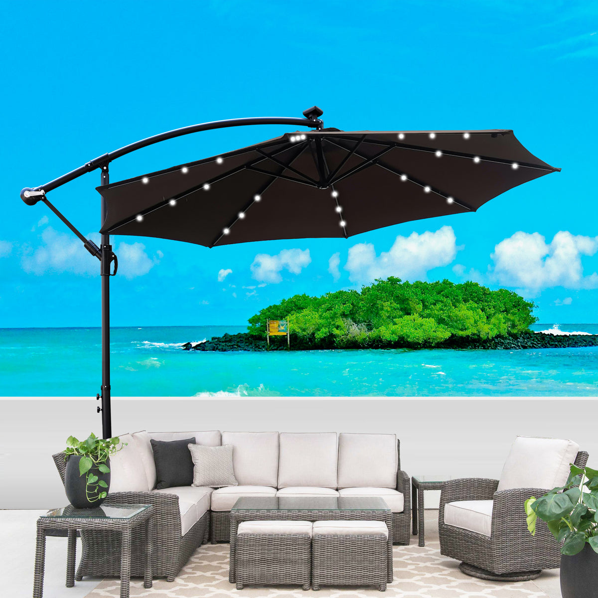 10 Ft Outdoor Patio Umbrella Solar Powered Led Lighted Sun Shade Market Waterproof 8 Ribs Umbrella With Crank And Cross Base For Garden Deck Backyard Pool Shade Outside Deck Swimming Pool Chocolate
