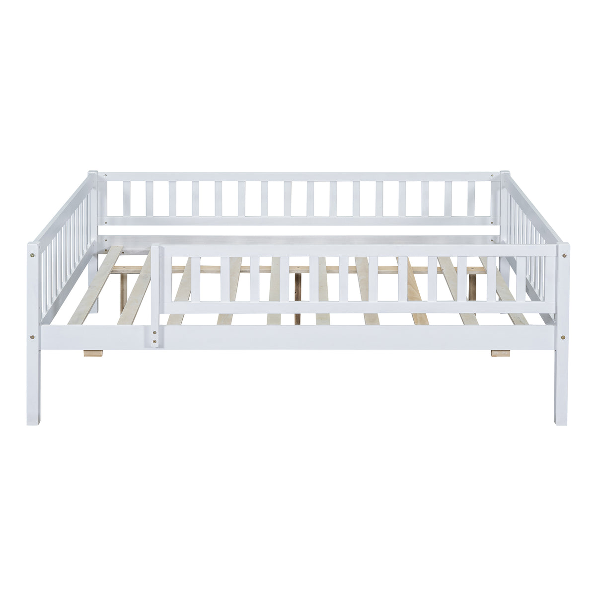 Full Size Wood Daybed With Trundle And Fence Guardrails, White Full White Solid Wood Mdf