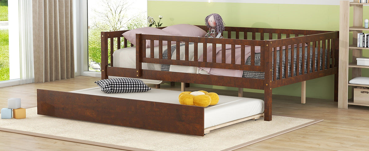 Full Size Wood Daybed With Trundle And Fence Guardrails, Walnut Full Walnut Solid Wood Mdf