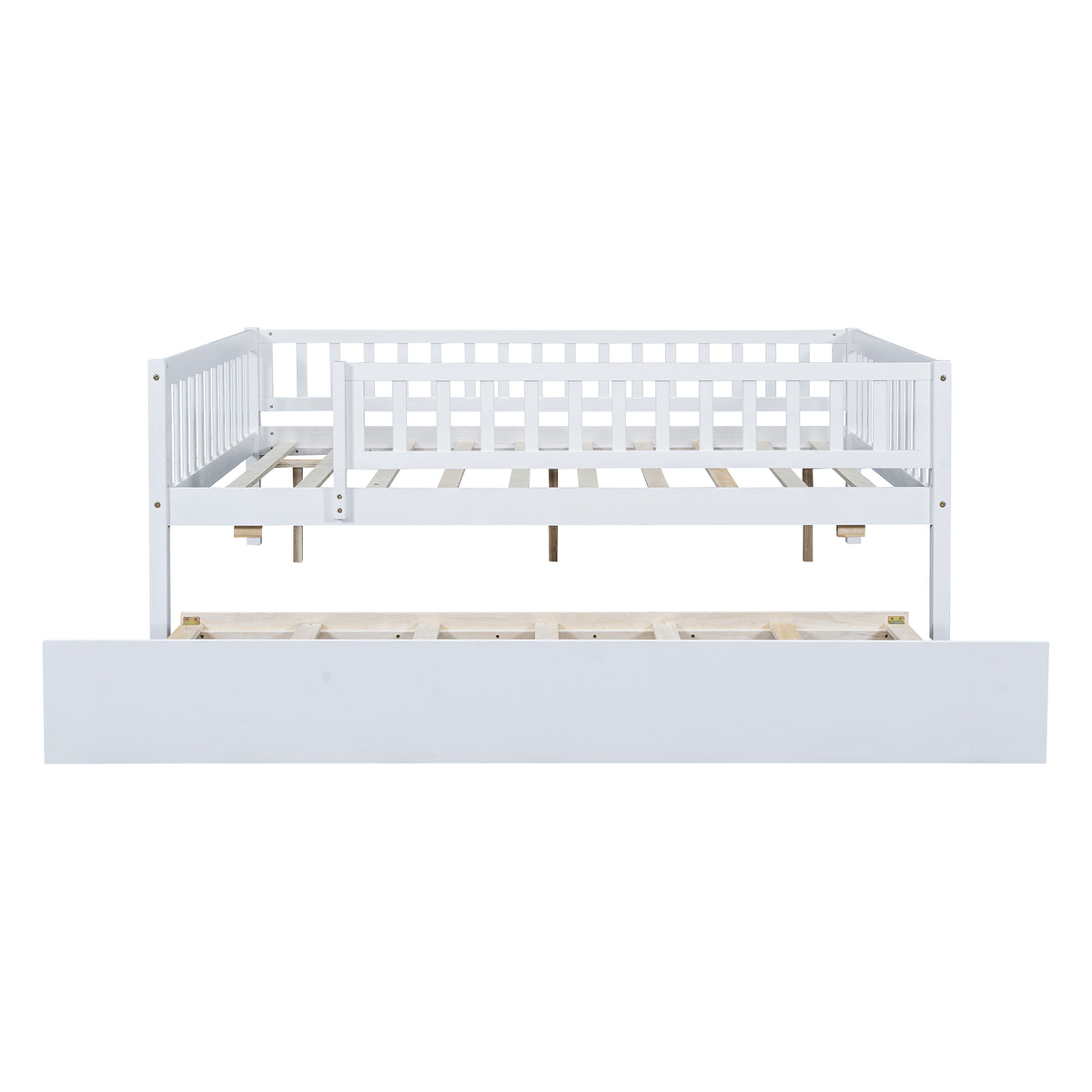 Full Size Wood Daybed With Trundle And Fence Guardrails, White Full White Solid Wood Mdf
