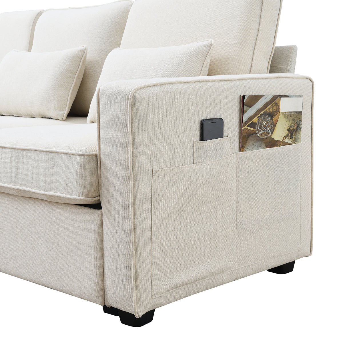 104" 4 Seater Modern Linen Fabric Sofa With Armrest Pockets And 4 Pillows,Minimalist Style Couch For Living Room, Apartment, Office,3 Colors Beige Fabric 4 Seat