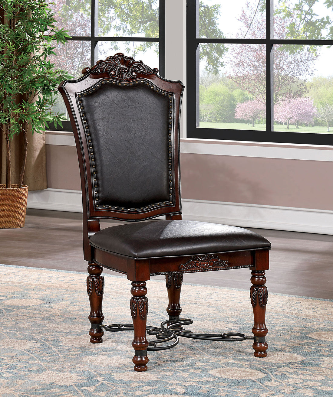 Majestic Traditional Set Of 2Pcs Side Chairs Brown Cherry Solid Wood Faux Wood Carved Details Blackseats Formal Dining Room Furniture Brown Brown Dining Room Luxury,Traditional,Vintage Dining Chairs Rubberwood Solid Back Solid Wood