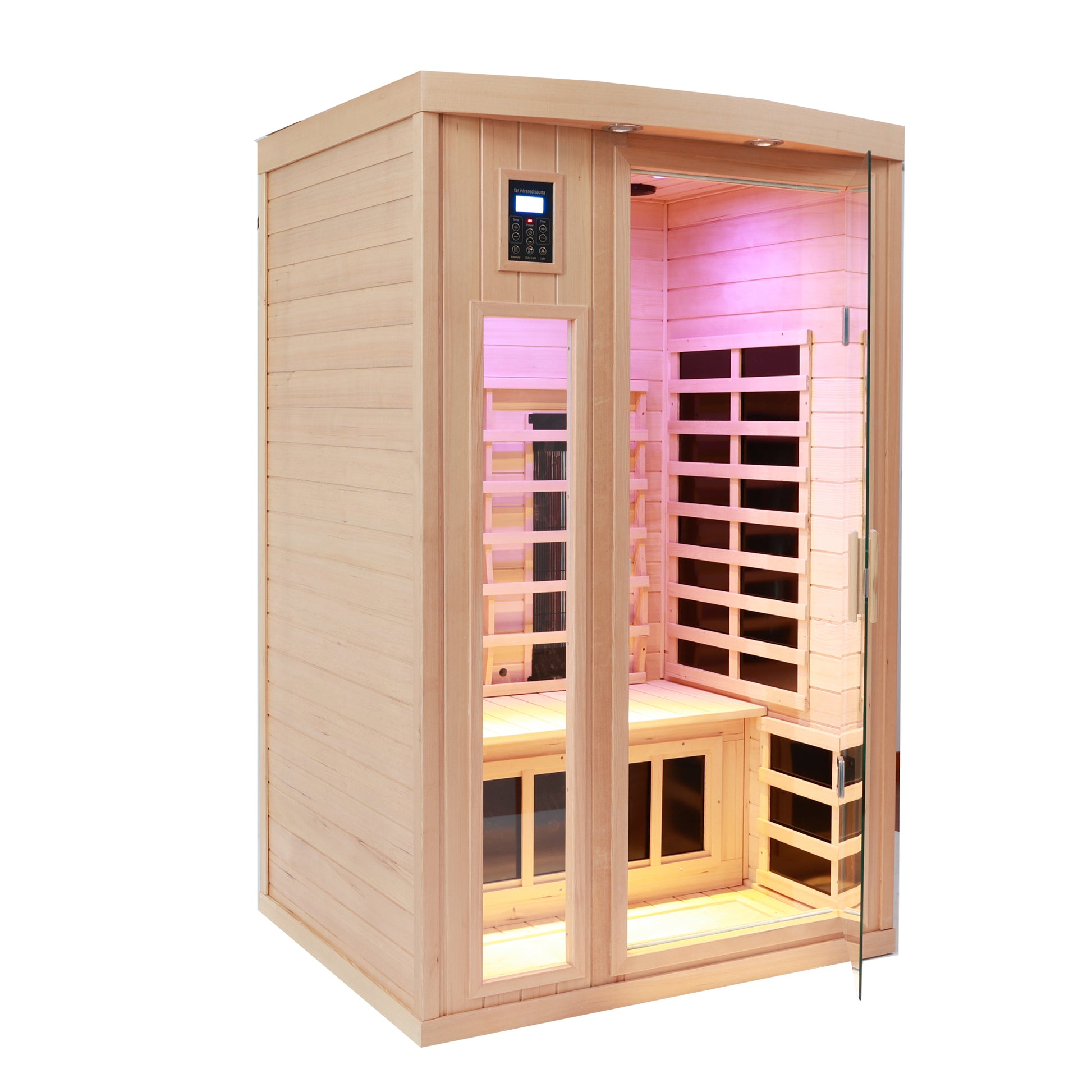 Two Person Hemlock Far Infrared Heating Sauna With Reading Lights Colored Lights Bluetooth External Lights Natural Wood Solid Wood